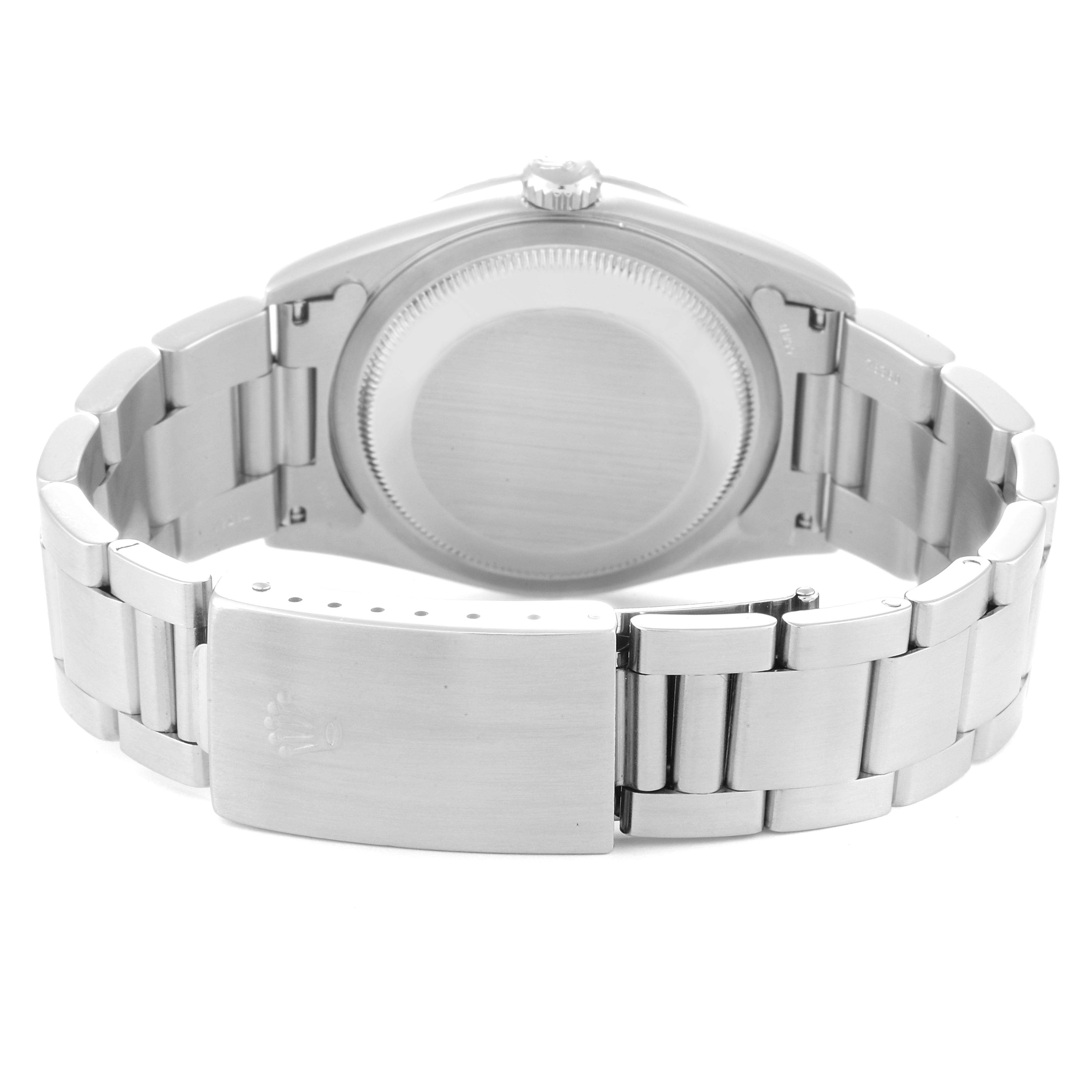 This image shows the back and clasp of a Rolex Datejust 16220 Men's Stainless Steel Black Dial 16220 Men's Stainless Steel Black Dial watch, highlighting the stainless steel bracelet and case back.