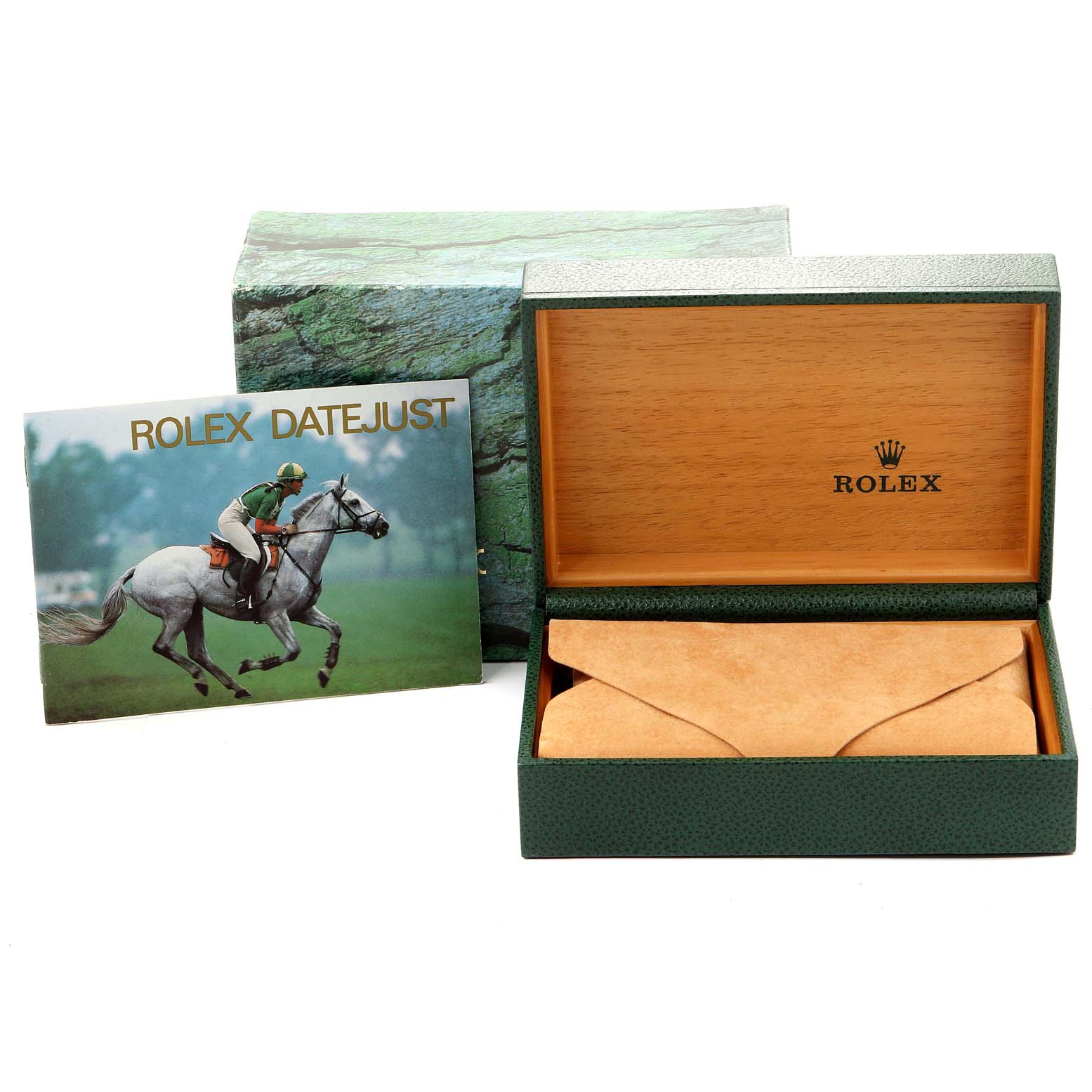 The image shows a Rolex Datejust 16220 Men's Stainless Steel Black Dial 16220 Men's Stainless Steel Black Dial watch box, an outer box, and a warranty booklet from an angled top view.