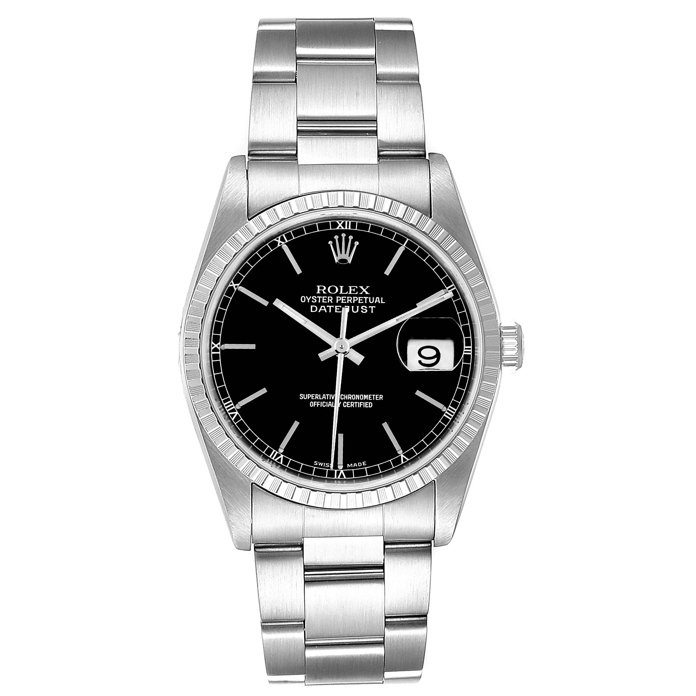 The Rolex Datejust 16220 Men's Stainless Steel Black Dial 16220 Men's Stainless Steel Black Dial watch is shown from the front, displaying the face, bezel, crown, and bracelet.