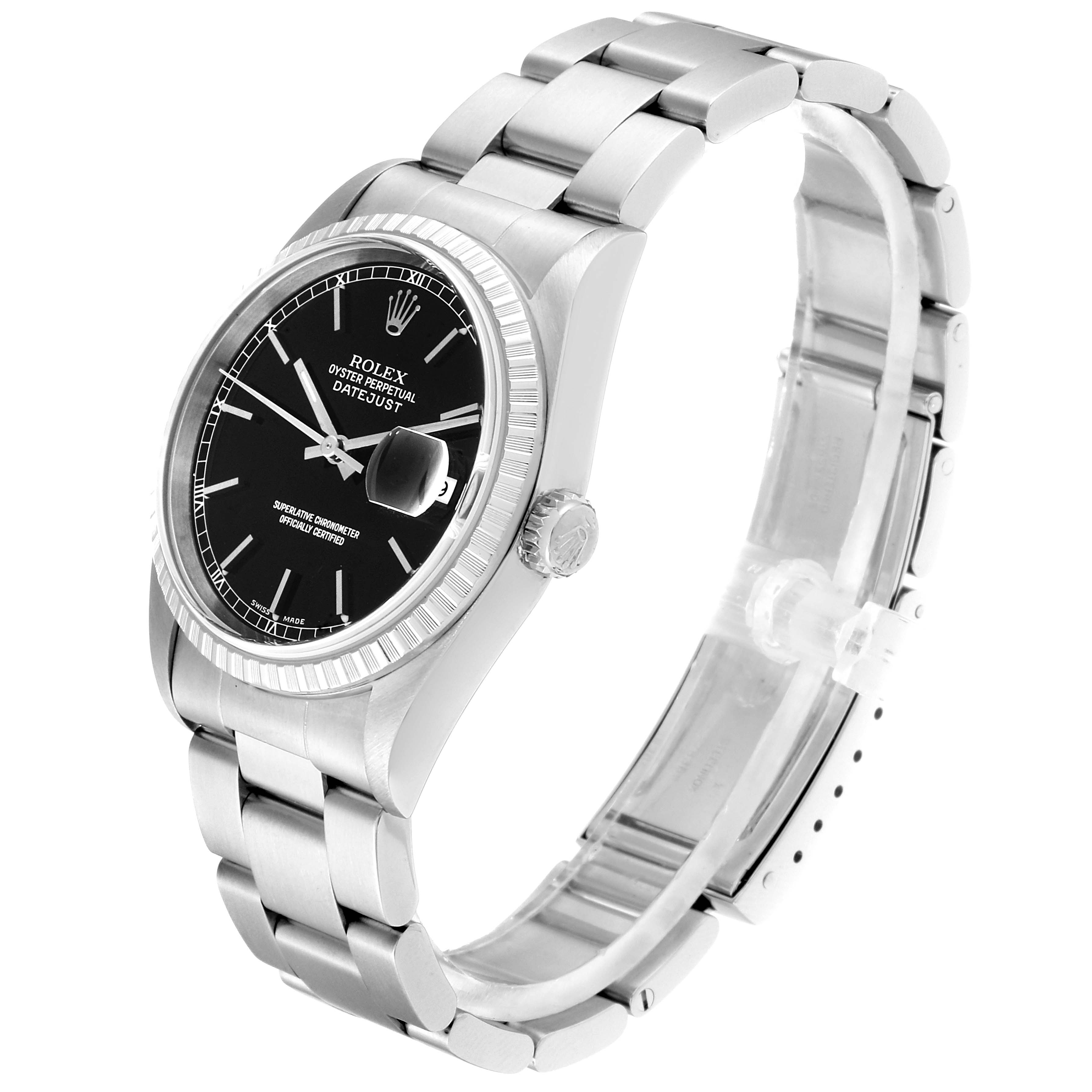 The image shows a Rolex Datejust 16220 Men's Stainless Steel Black Dial 16220 Men's Stainless Steel Black Dial watch at an angled side view, displaying the face, bezel, crown, and bracelet.
