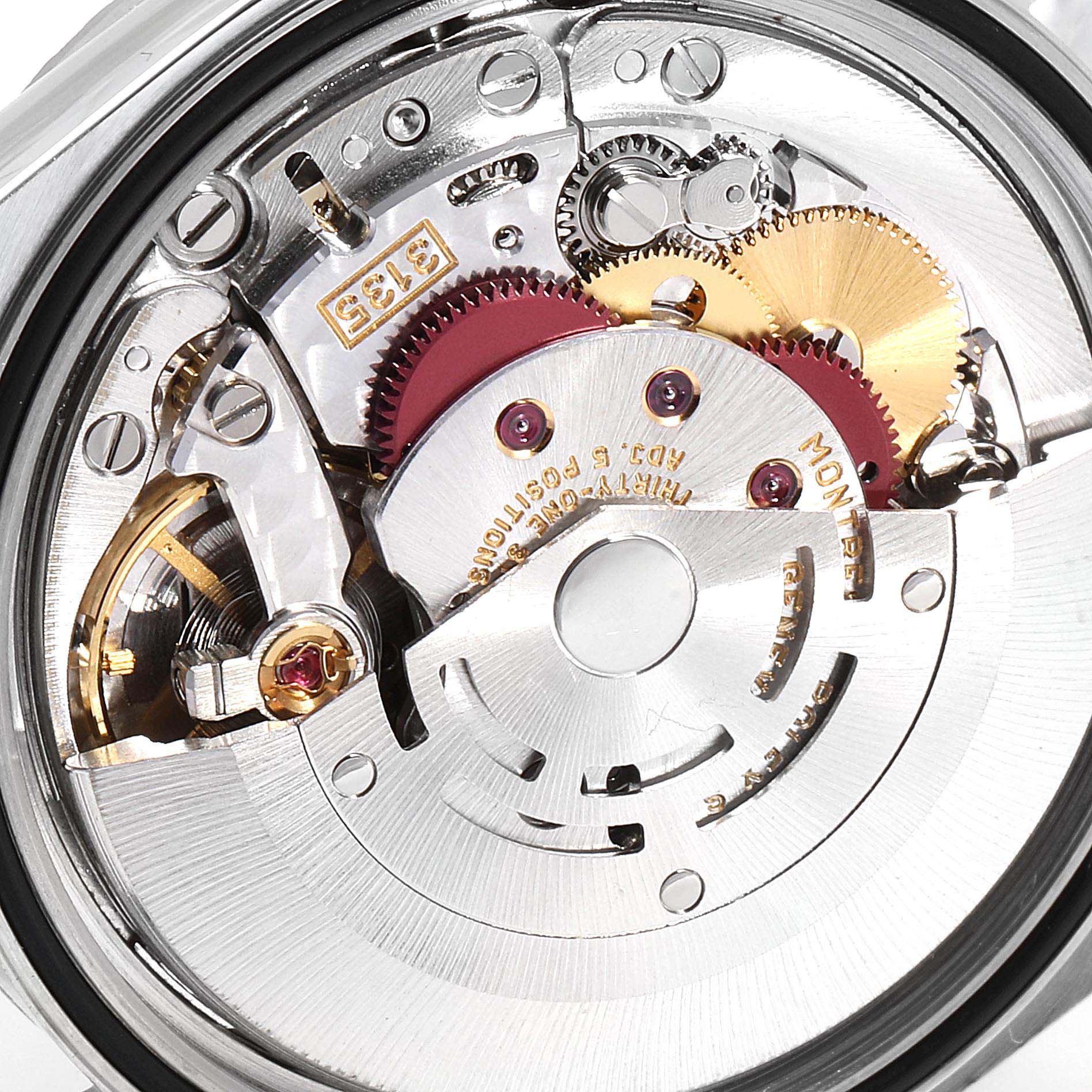 This image shows the inner mechanical movement of a Rolex Datejust 16220 Men's Stainless Steel Black Dial 16220 Men's Stainless Steel Black Dial watch from a close-up angle.