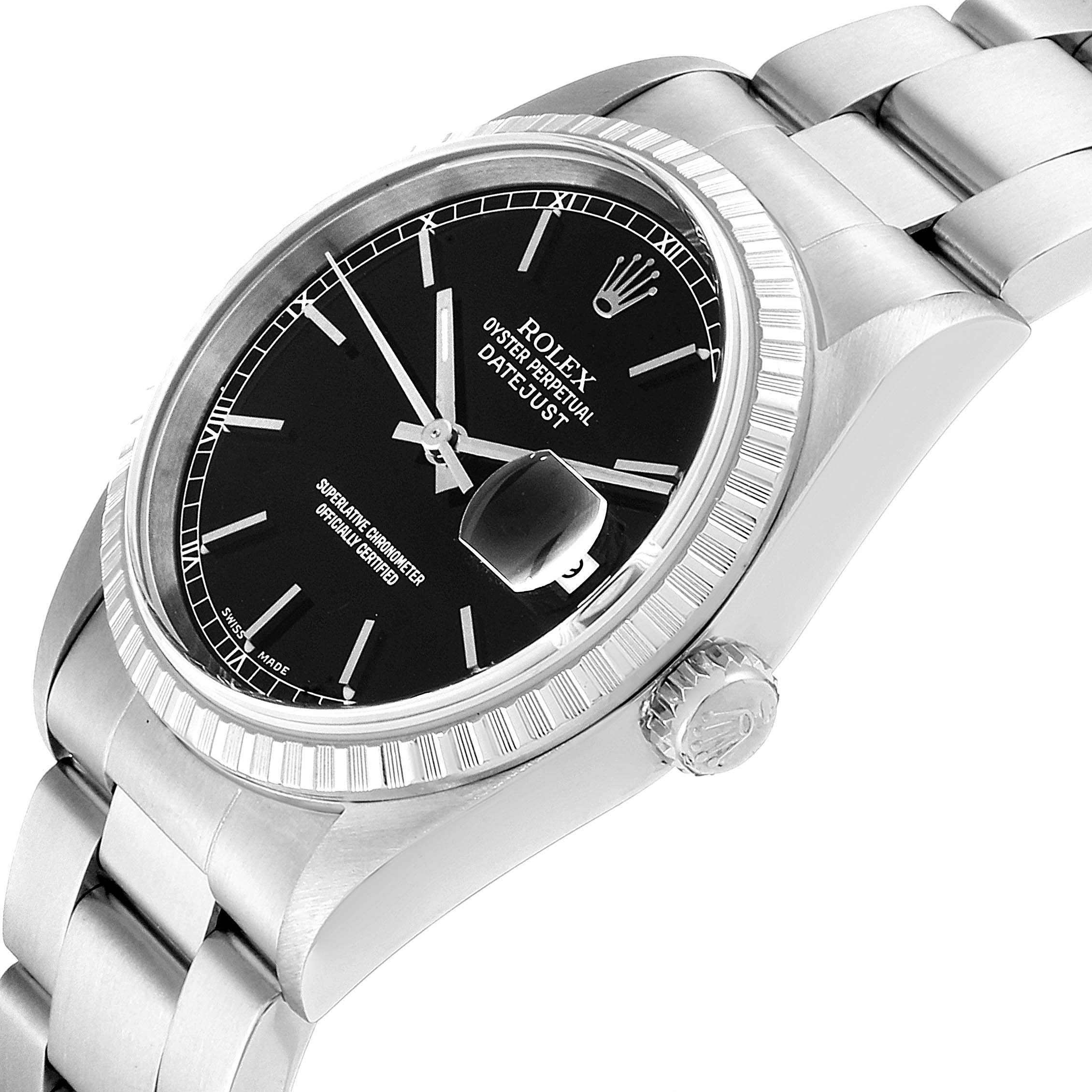 The image shows a side angle of the Rolex Datejust 16220 Men's Stainless Steel Black Dial 16220 Men's Stainless Steel Black Dial watch, highlighting its face, bezel, and bracelet.