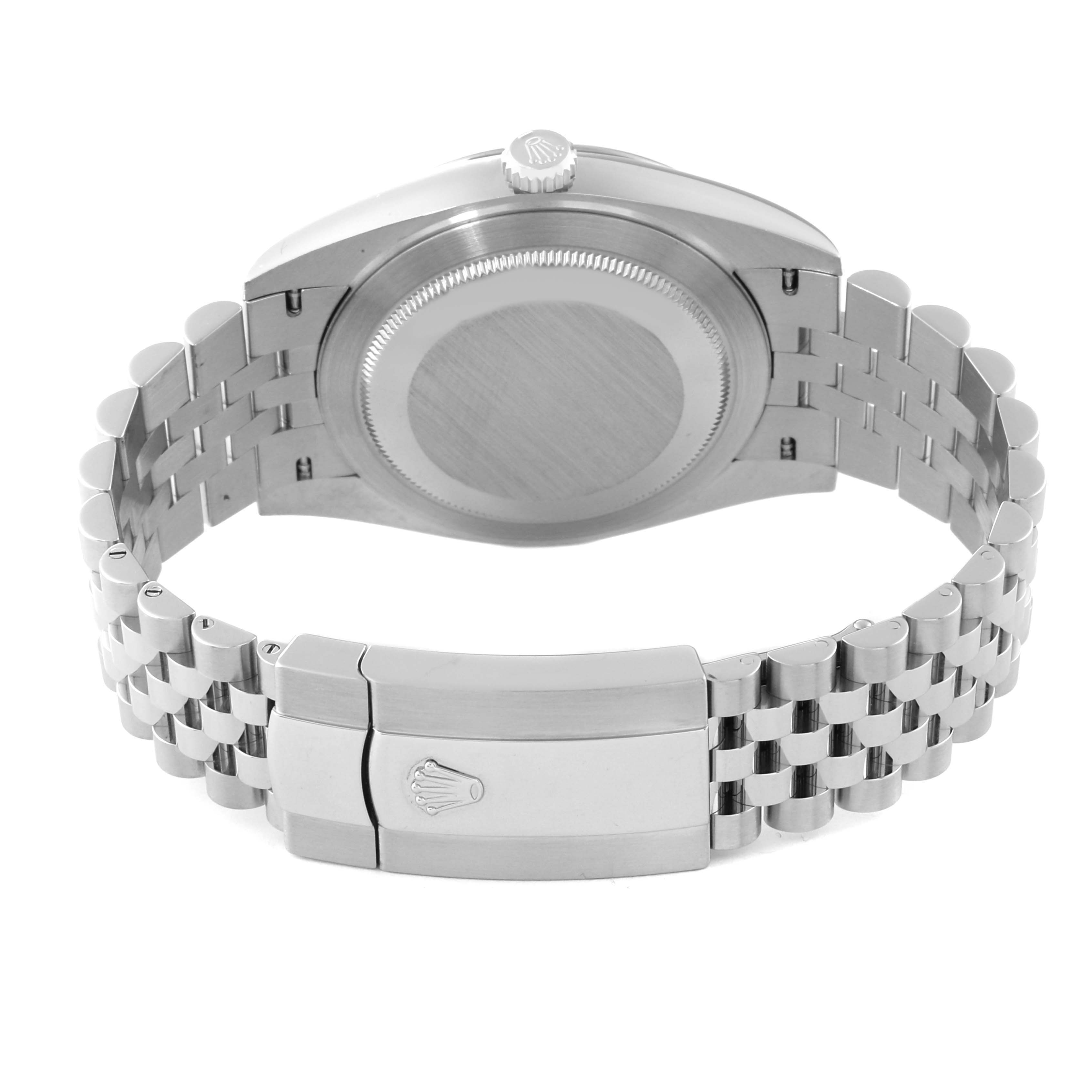 The image shows the back view of a Rolex Datejust 41 126334 Men
s Stainless Steel Blue Dial 126334 Men
s Stainless Steel Blue Dial watch, highlighting the case back and the Jubilee bracelet with the clasp.