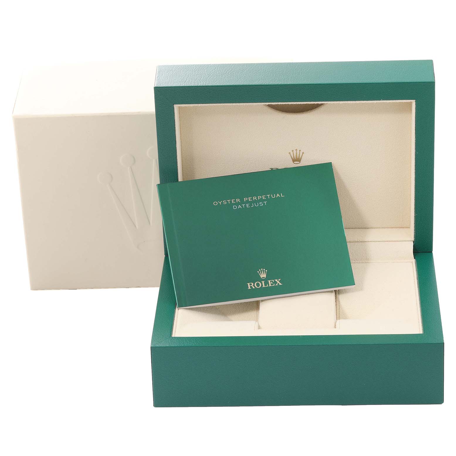 The image shows the packaging box and booklet for the Rolex Datejust 41 126334 Men
s Stainless Steel Blue Dial 126334 Men
s Stainless Steel Blue Dial model from a front angle.