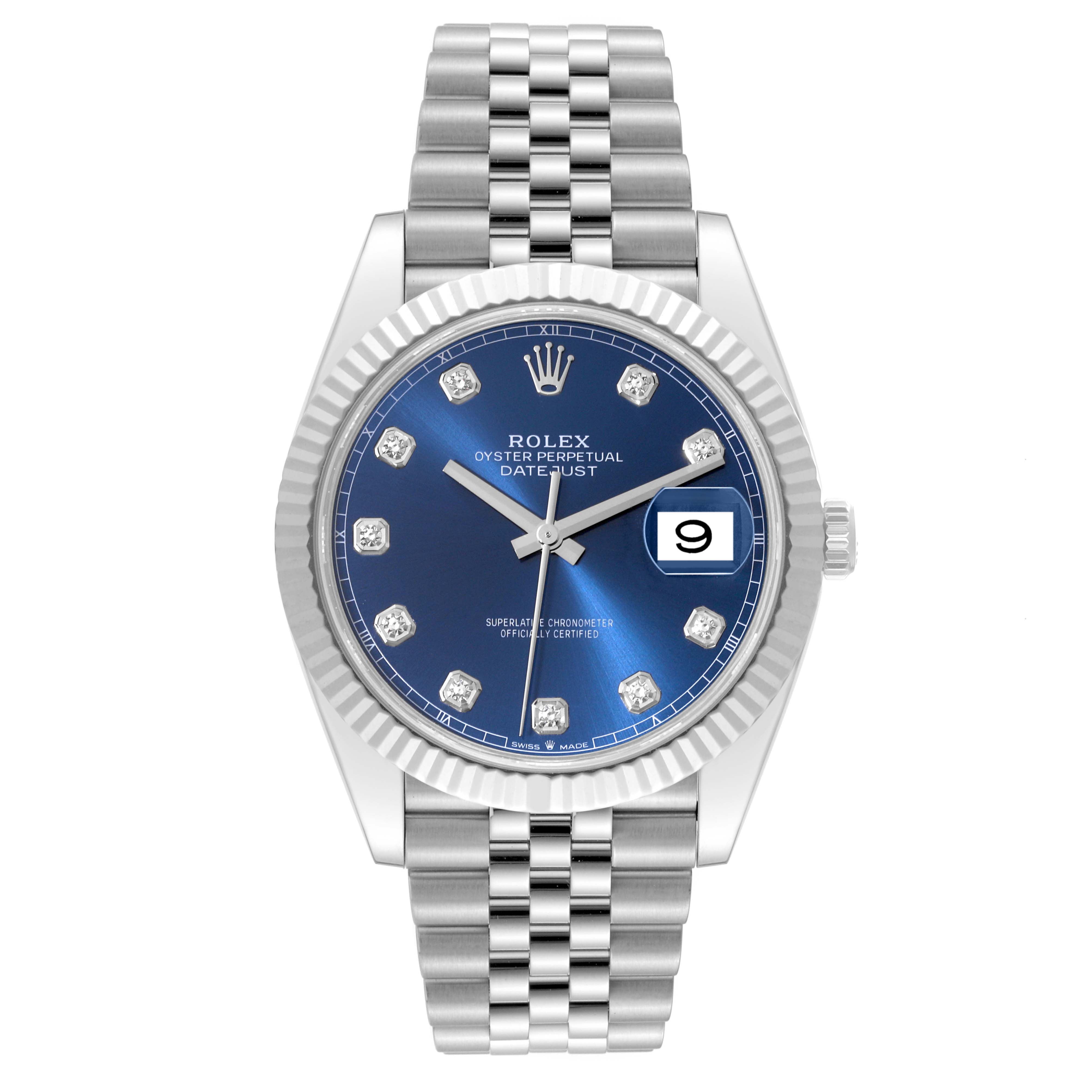 This image shows a front view of a Rolex Datejust 41 126334 Men
s Stainless Steel Blue Dial 126334 Men
s Stainless Steel Blue Dial watch, showcasing the blue dial, date magnifier, and Jubilee bracelet.
