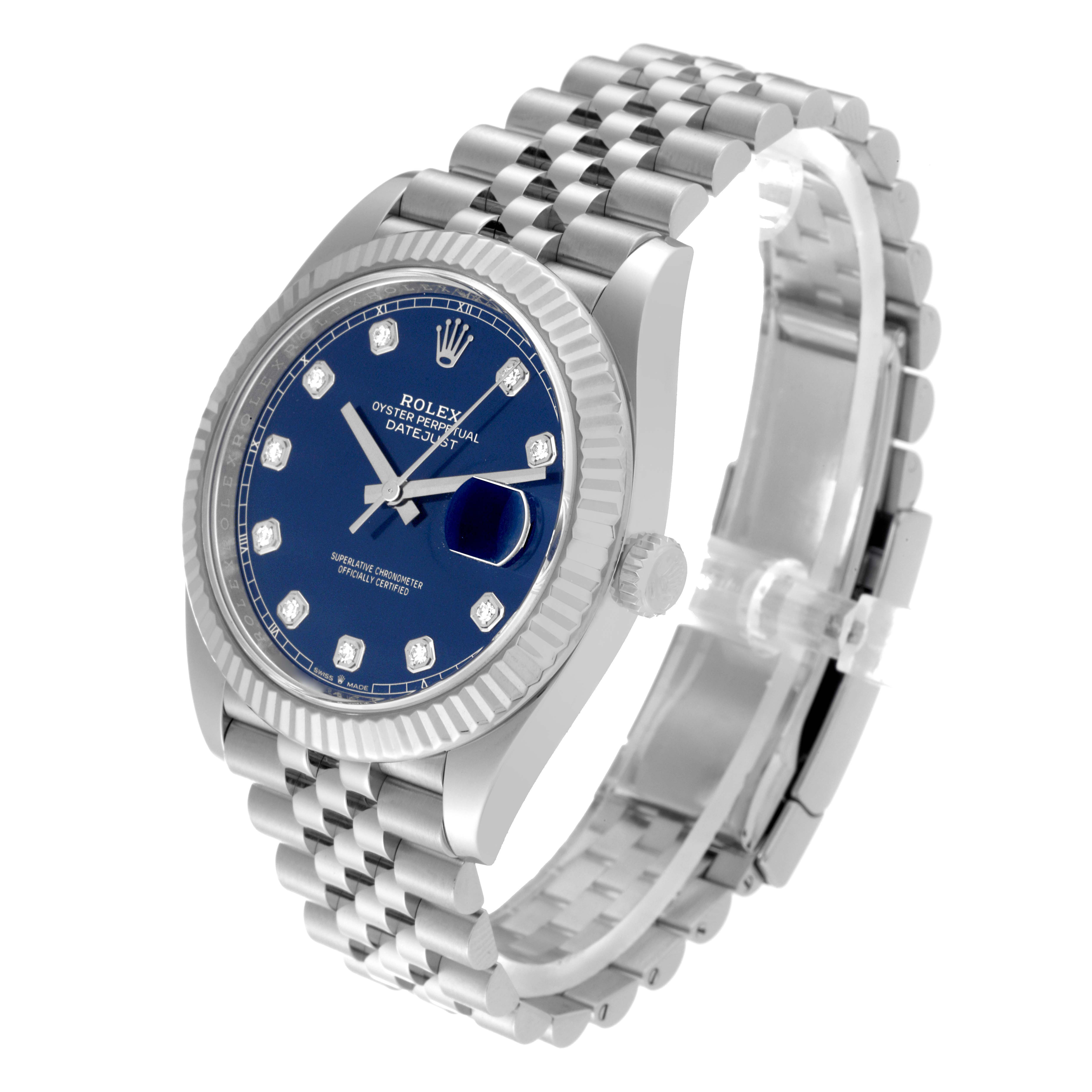 This is a Rolex Datejust 41 126334 Men
s Stainless Steel Blue Dial 126334 Men
s Stainless Steel Blue Dial model shown at a three-quarter angle, highlighting its blue dial, fluted bezel, and jubilee bracelet.