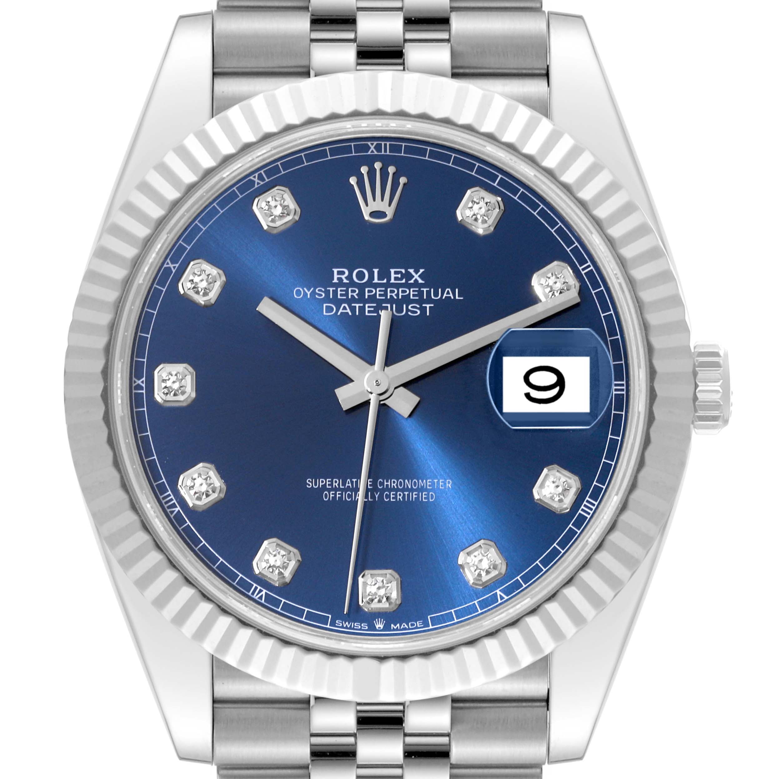The Rolex Datejust 41 126334 Men
s Stainless Steel Blue Dial 126334 Men
s Stainless Steel Blue Dial watch is shown from a front angle, displaying the face, fluted bezel, and part of the bracelet.