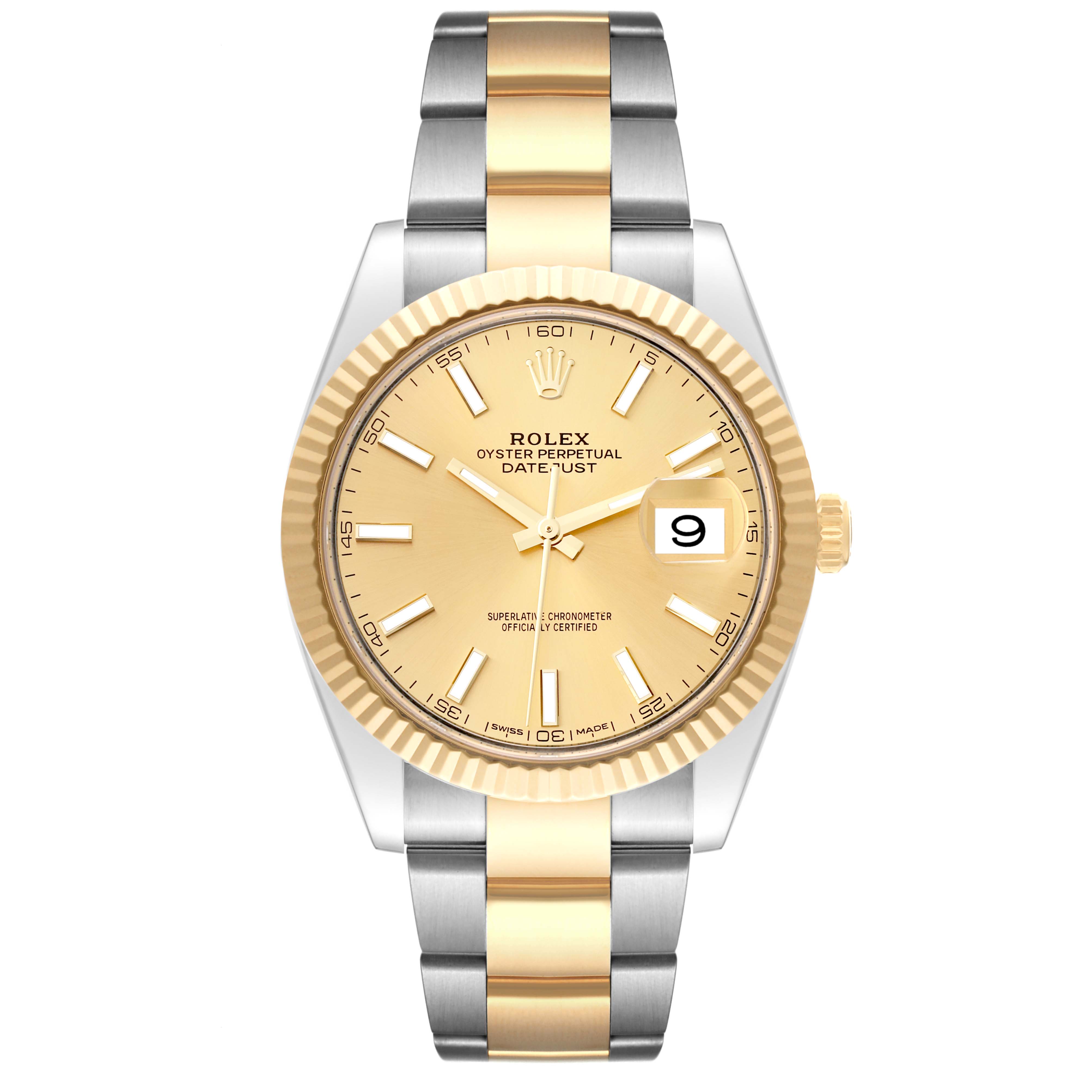 This Rolex Datejust 41 126333 Men's Steel and Gold (two tone) Champagne Dial 126333 Men's Steel and Gold (two tone) Champagne Dial watch is shown from the front, displaying its gold dial, fluted bezel, and two-tone oyster bracelet.