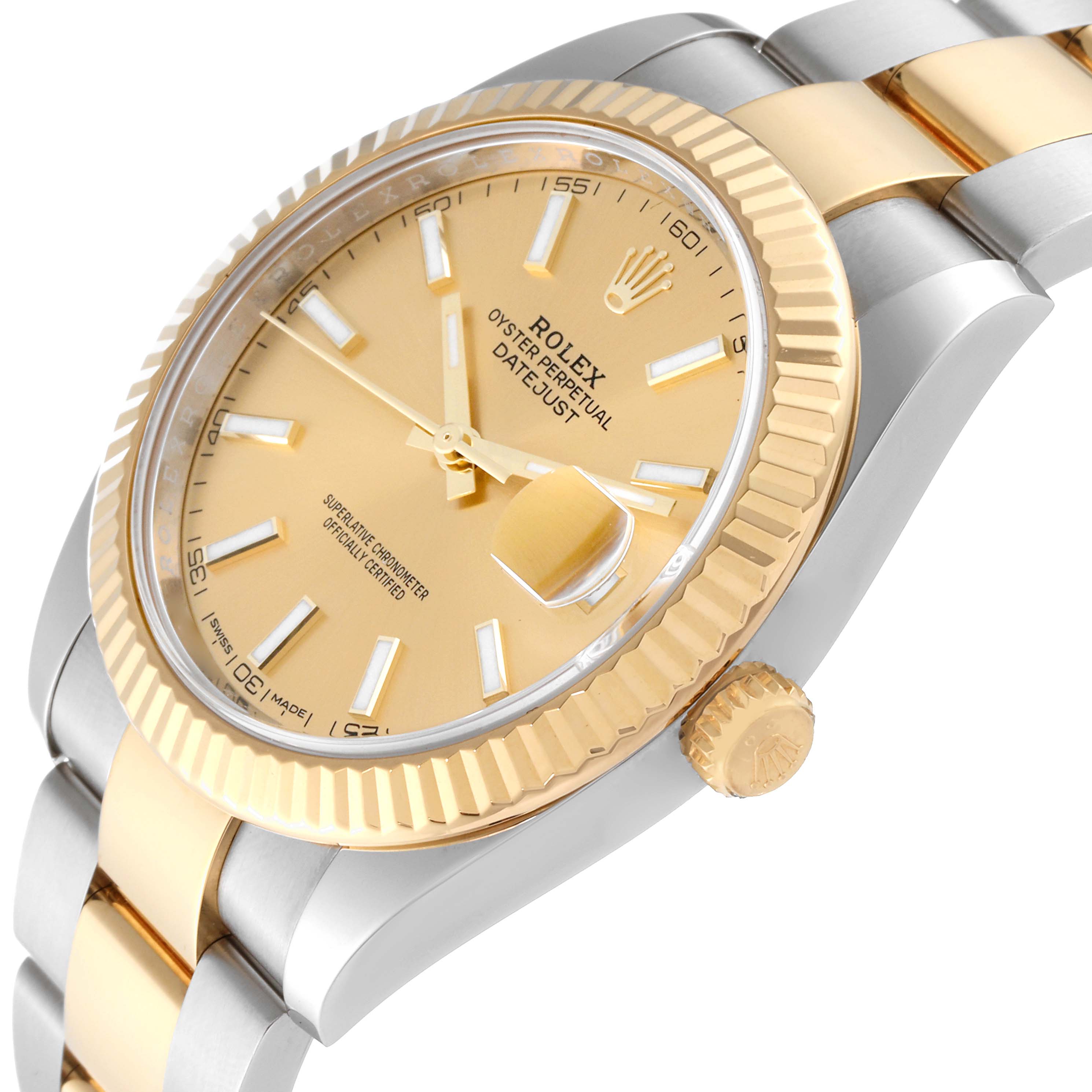 The image shows a close-up side angle of the Rolex Datejust 41 126333 Men's Steel and Gold (two tone) Champagne Dial 126333 Men's Steel and Gold (two tone) Champagne Dial watch, highlighting its dial, bezel, and part of the bracelet.