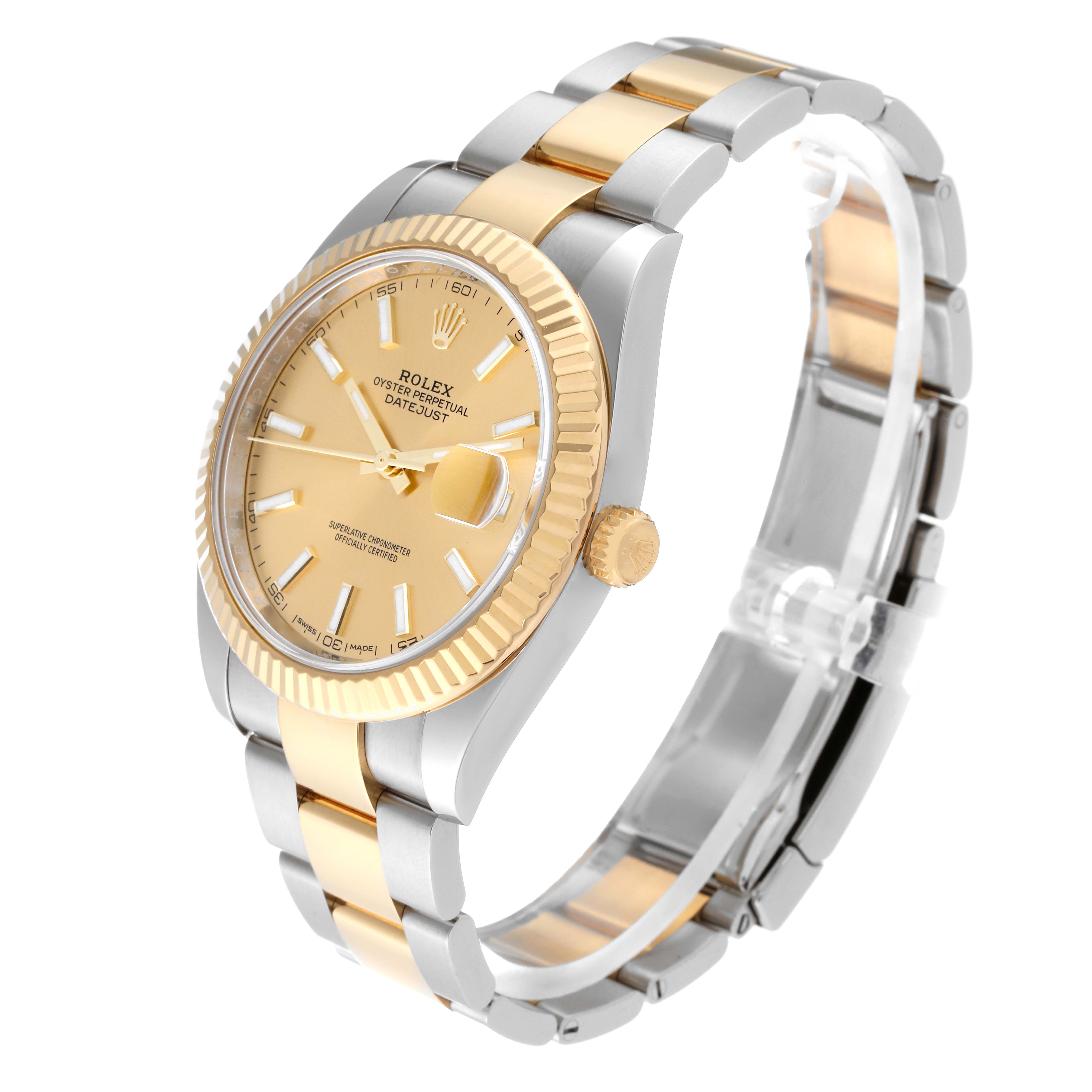 The Rolex Datejust 41 126333 Men's Steel and Gold (two tone) Champagne Dial 126333 Men's Steel and Gold (two tone) Champagne Dial watch is shown at an angle highlighting the face, bezel, crown, and two-tone bracelet.