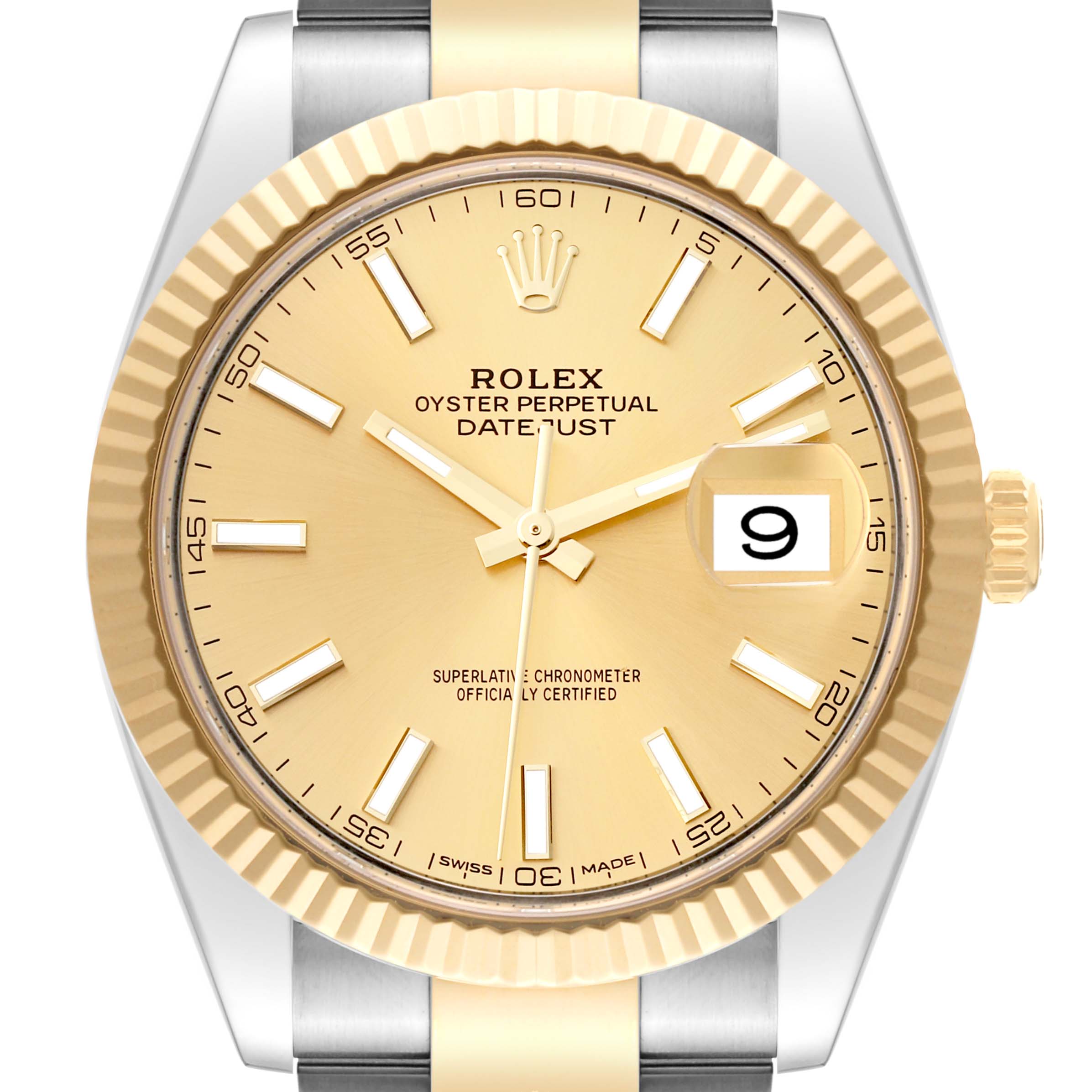 This is a front view of a Rolex Datejust 41 126333 Men's Steel and Gold (two tone) Champagne Dial 126333 Men's Steel and Gold (two tone) Champagne Dial watch, showing the dial, hands, date window, bezel, and a portion of the bracelet.