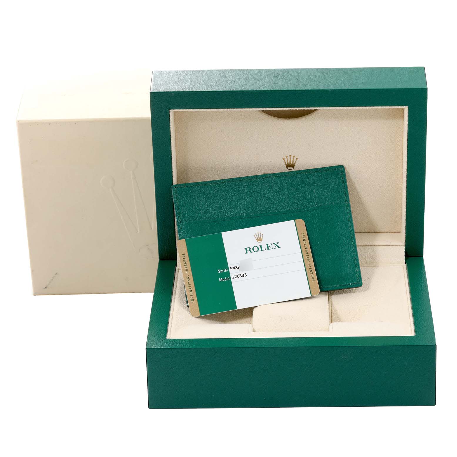 The image shows the packaging and certificate card of a Rolex Datejust 41 126333 Men's Steel and Gold (two tone) Champagne Dial 126333 Men's Steel and Gold (two tone) Champagne Dial, featuring a green box with an open lid.