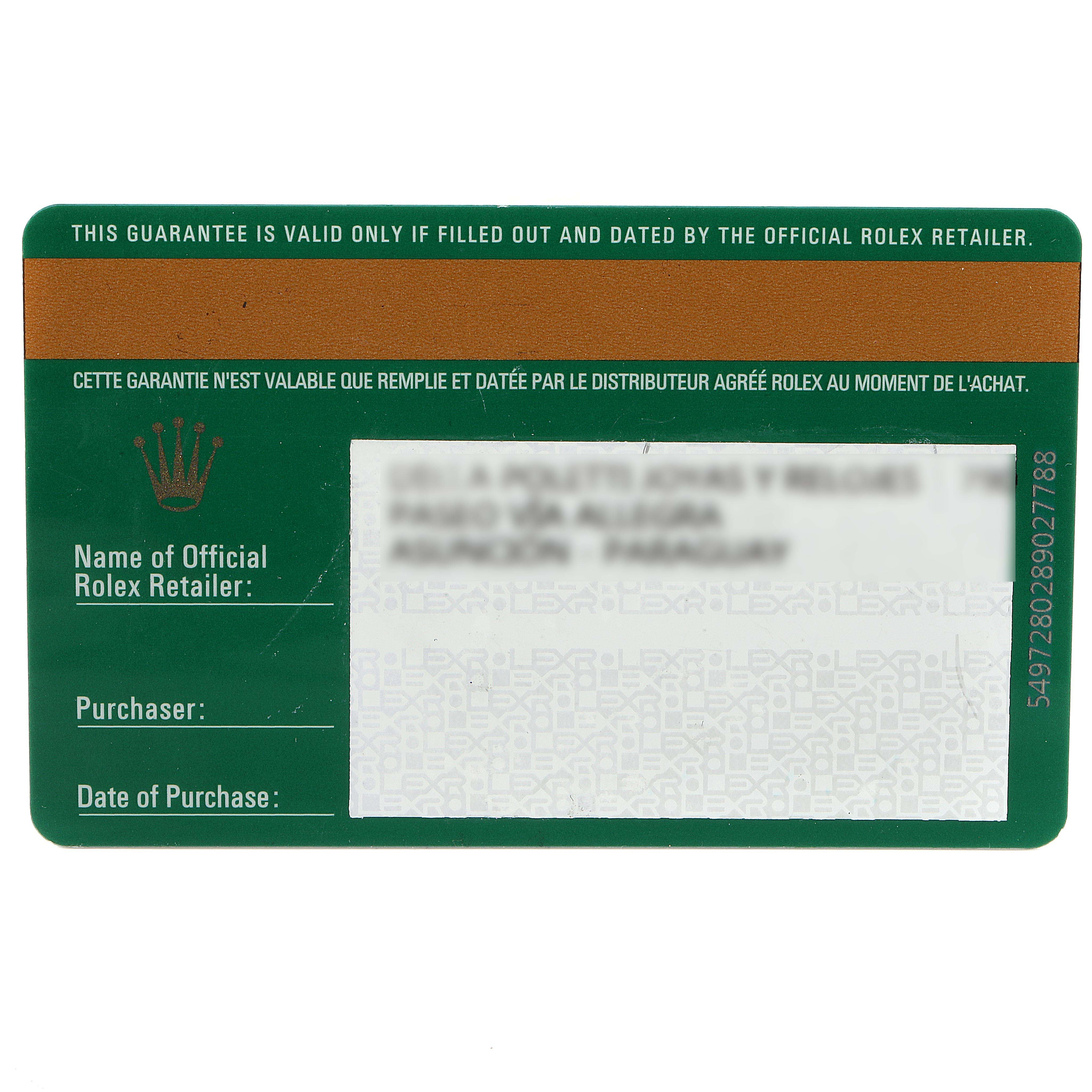 This image shows a guarantee card for the Rolex Datejust 126231 Men's Steel and Gold (two tone) Black Dial 126231 Men's Steel and Gold (two tone) Black Dial model.