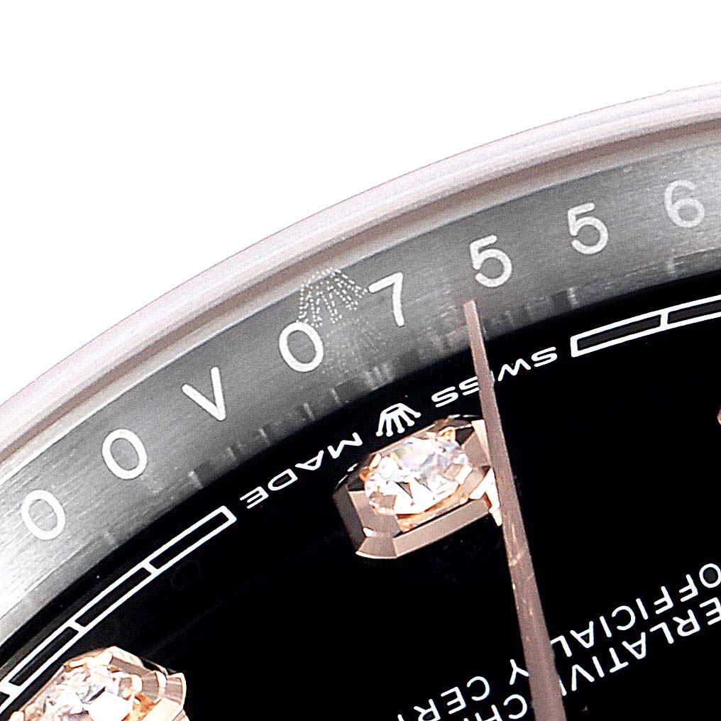 The image shows a close-up of the dial and diamonds, focusing on the hour markers and part of the seconds track of the Rolex Datejust 126231 Men's Steel and Gold (two tone) Black Dial 126231 Men's Steel and Gold (two tone) Black Dial model.