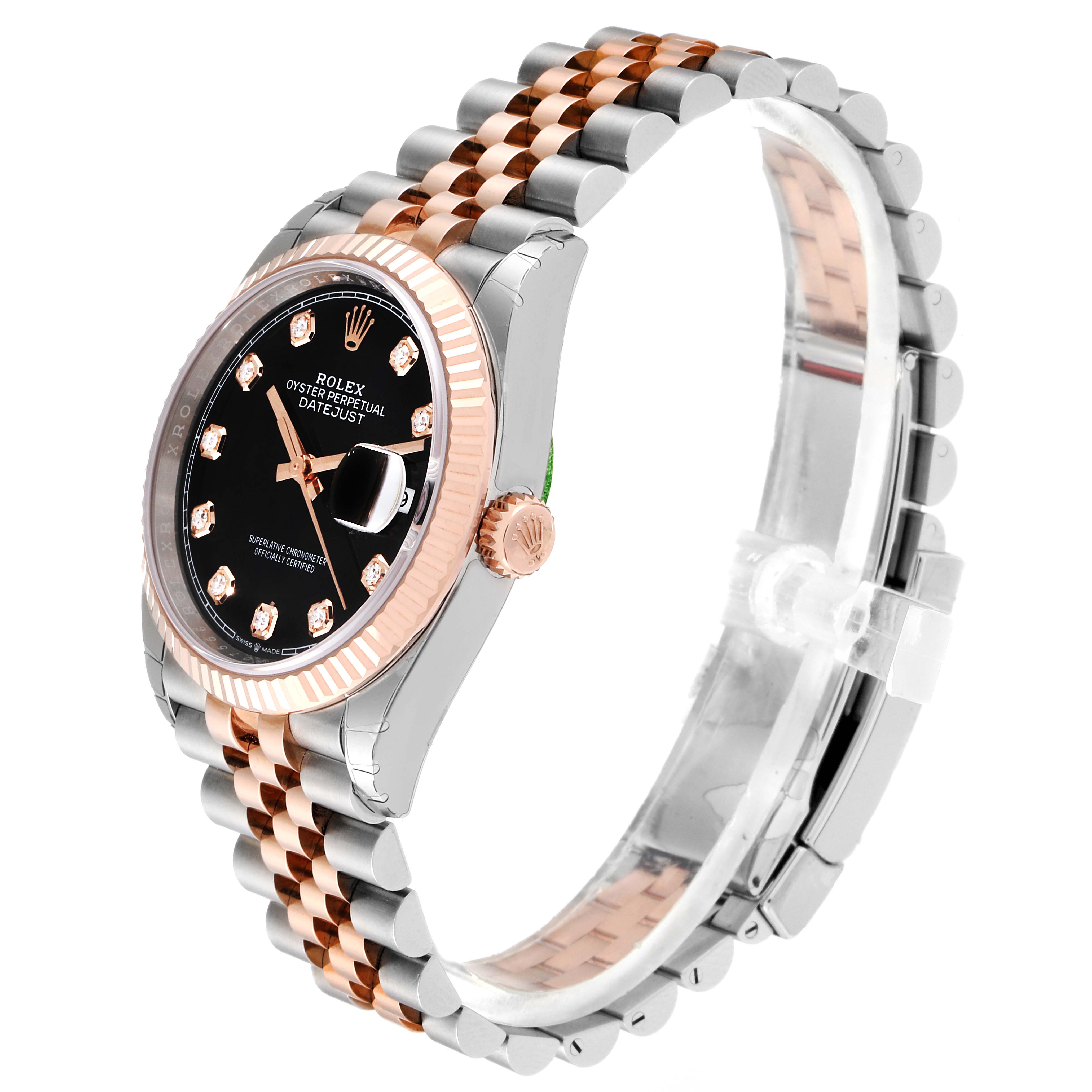 The image shows a Rolex Datejust 126231 Men's Steel and Gold (two tone) Black Dial 126231 Men's Steel and Gold (two tone) Black Dial watch at a three-quarter angle, highlighting the face, crown, and two-tone bracelet.