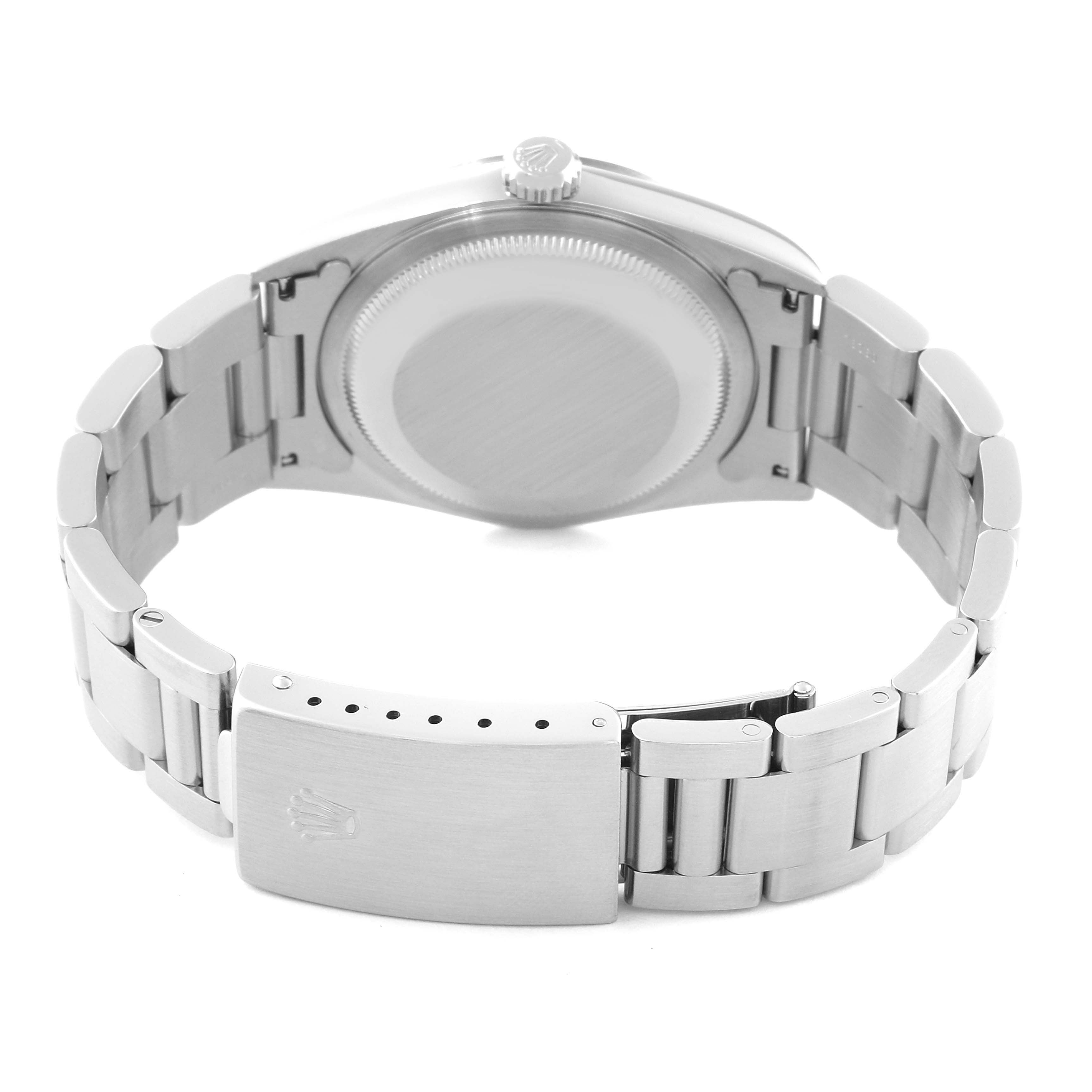 The image shows the back view of a Rolex Datejust 16200 Men's Stainless Steel Blue Dial 16200 Men's Stainless Steel Blue Dial watch, highlighting the case back and bracelet with the clasp extended.