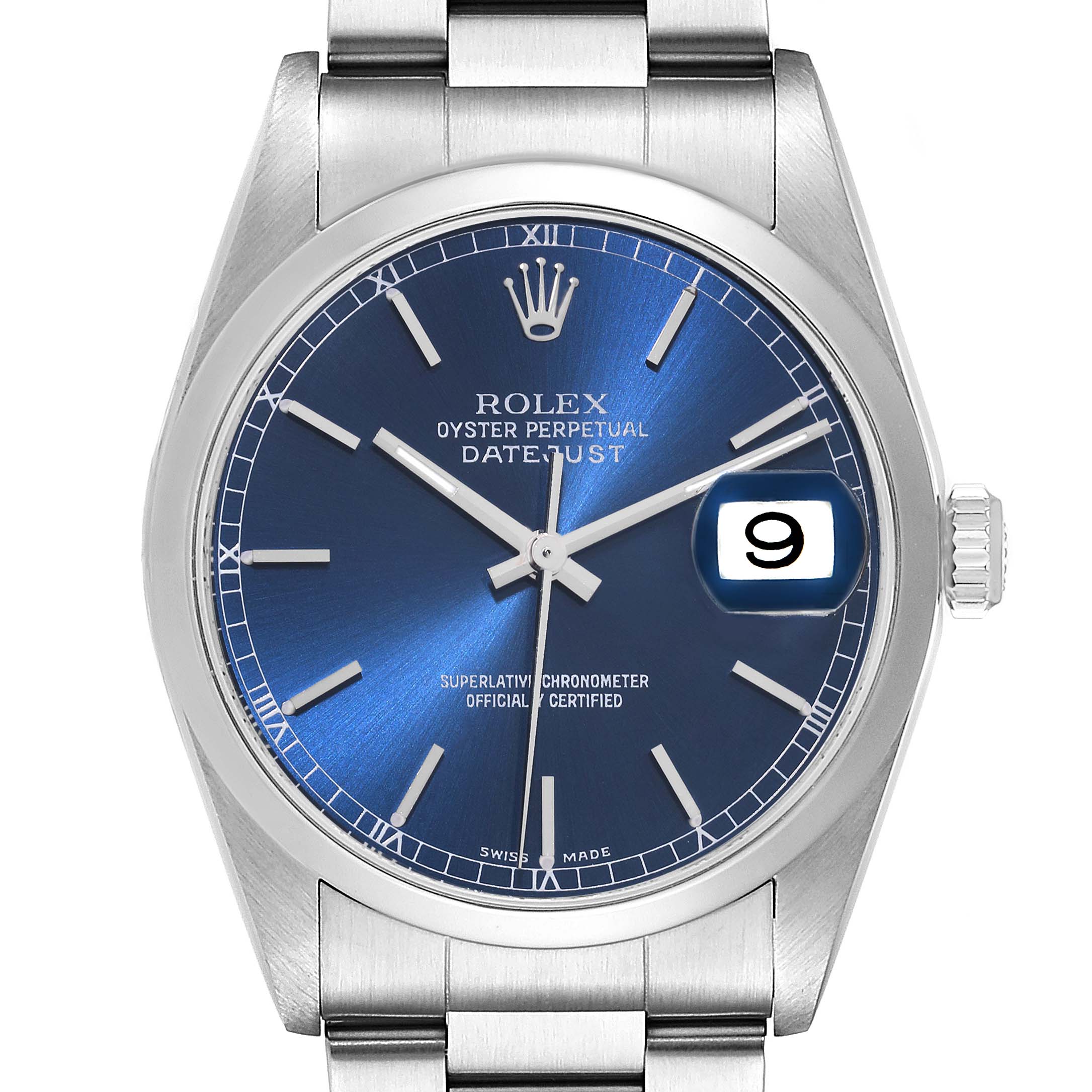The image shows a front view of a Rolex Datejust 16200 Men's Stainless Steel Blue Dial 16200 Men's Stainless Steel Blue Dial watch with a blue dial, silver hour markers, and the date displayed at 3 o'clock.