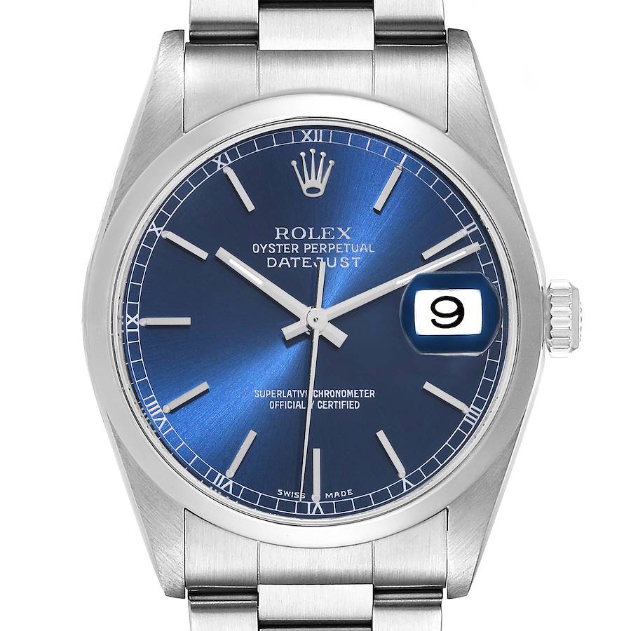 Rolex Datejust Blue Dial Smooth Bezel Steel Mens Watch 16200 SwissWatchExpo