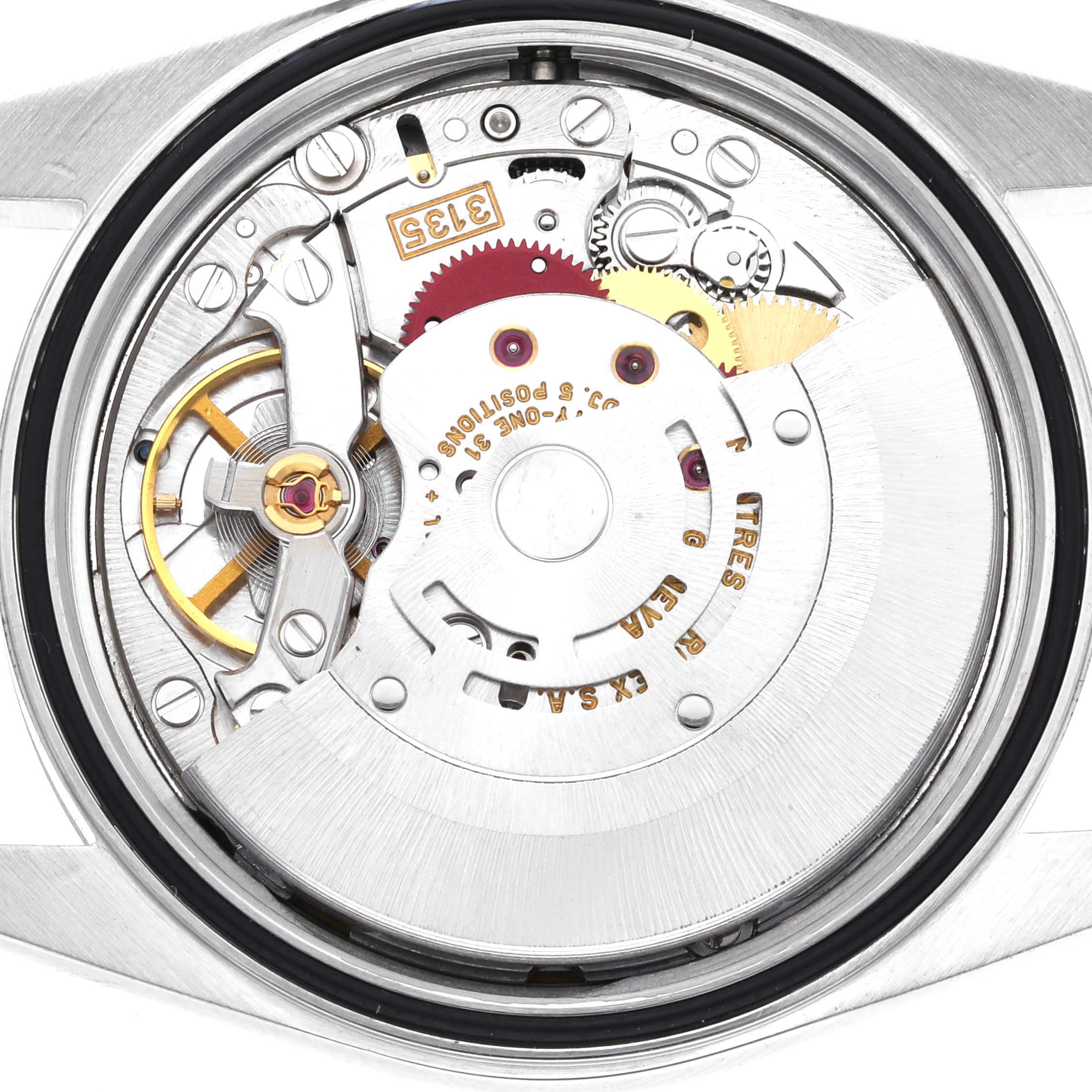 This image shows a close-up view of the movement inside a Rolex Datejust 16200 Men's Stainless Steel Blue Dial 16200 Men's Stainless Steel Blue Dial watch case, highlighting its intricate components.