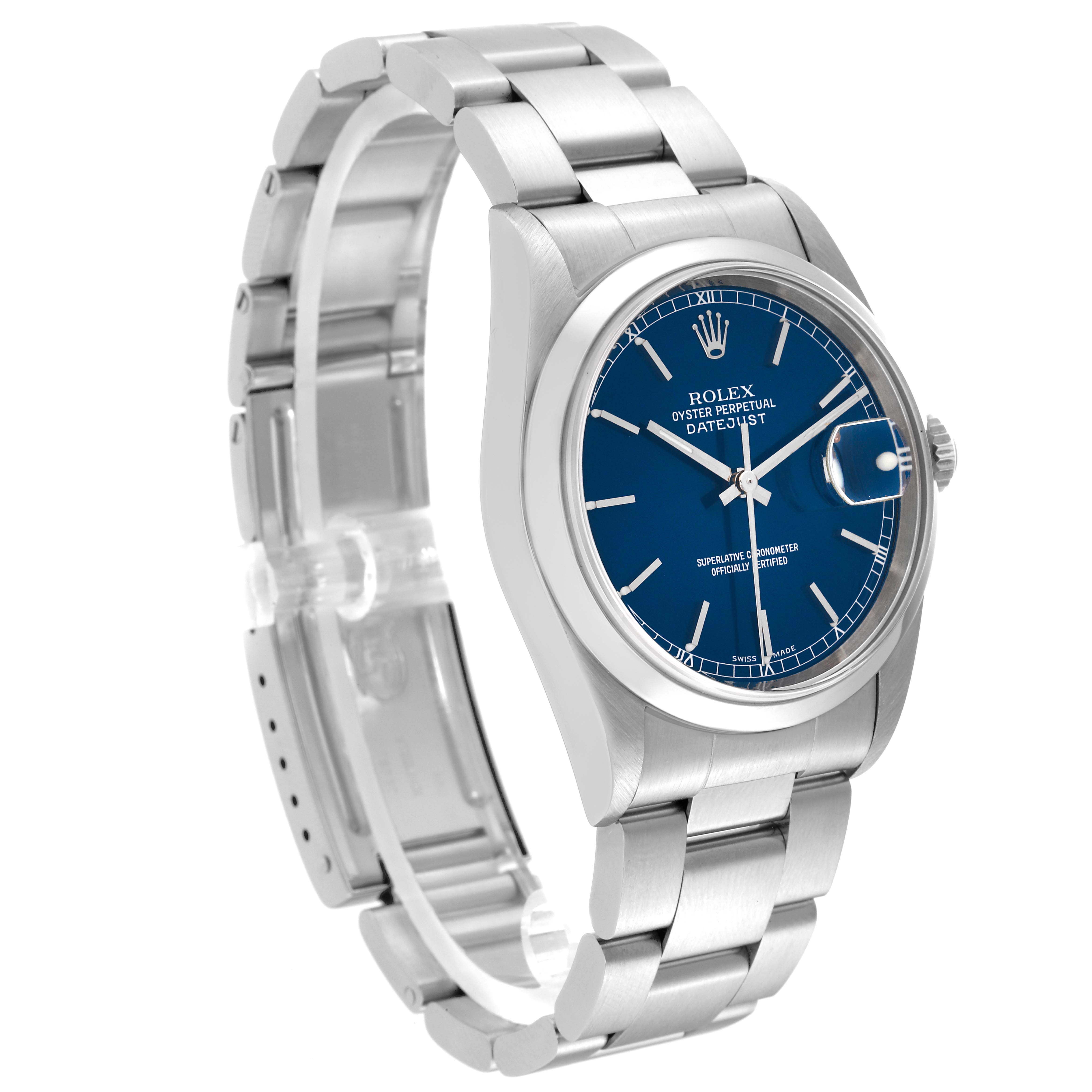 This image displays a Rolex Datejust 16200 Men's Stainless Steel Blue Dial 16200 Men's Stainless Steel Blue Dial watch at a three-quarter angle, showcasing its blue dial, stainless steel case, and bracelet.