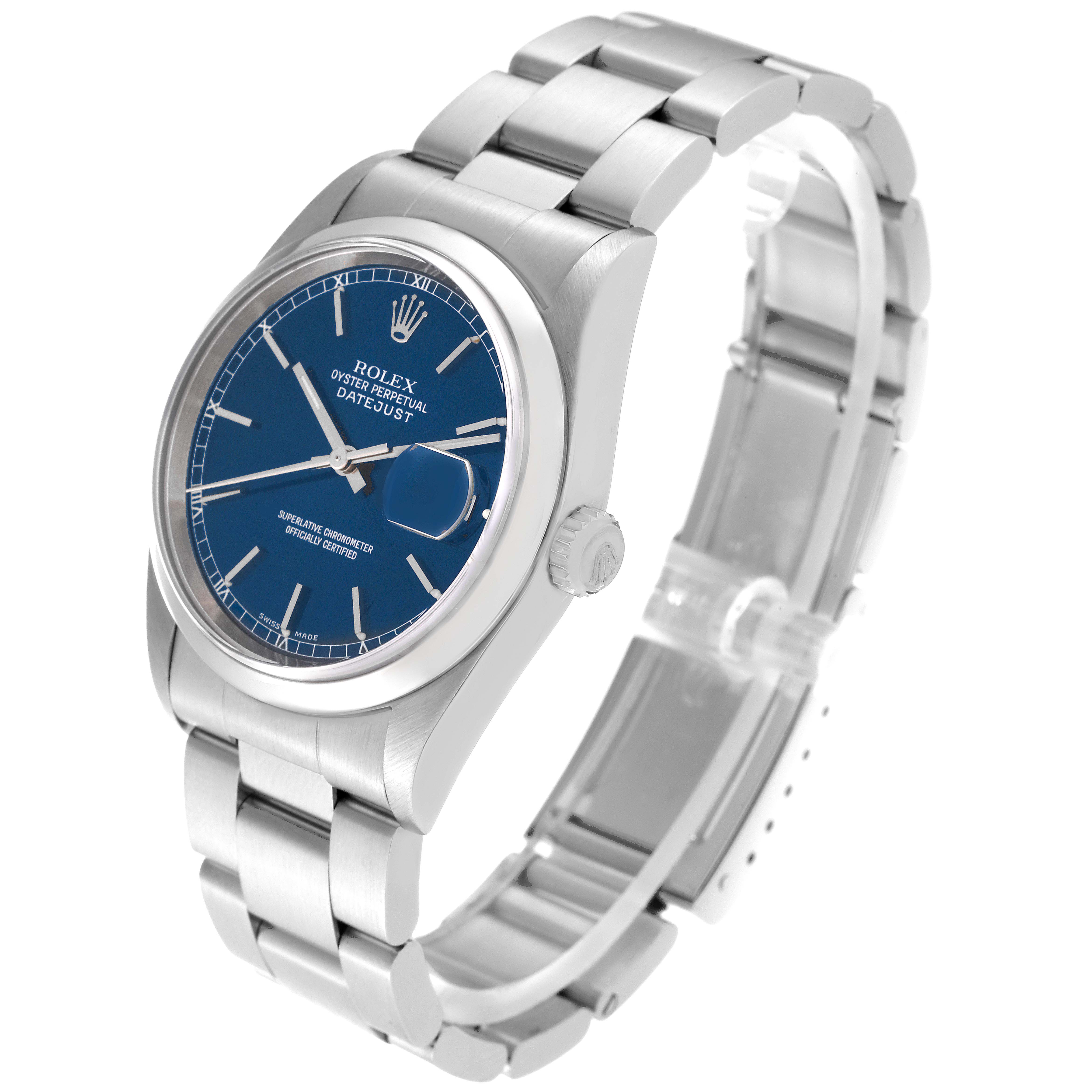 The image shows a Rolex Datejust 16200 Men's Stainless Steel Blue Dial 16200 Men's Stainless Steel Blue Dial watch from an angled front view, highlighting the case, crown, dial, and bracelet.