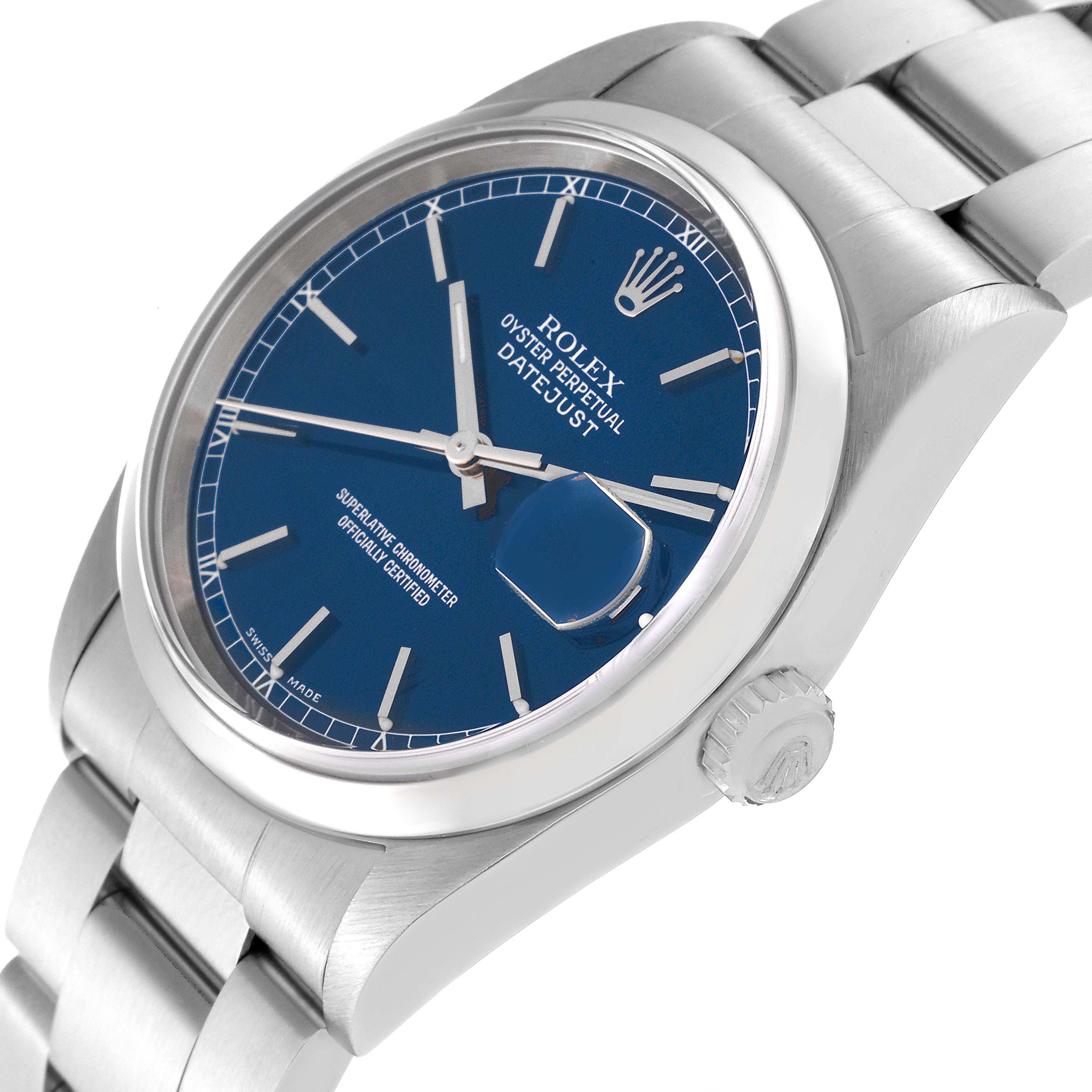 The image shows a Rolex Datejust 16200 Men's Stainless Steel Blue Dial 16200 Men's Stainless Steel Blue Dial watch at an angled close-up, highlighting the dial, bezel, and part of the bracelet.