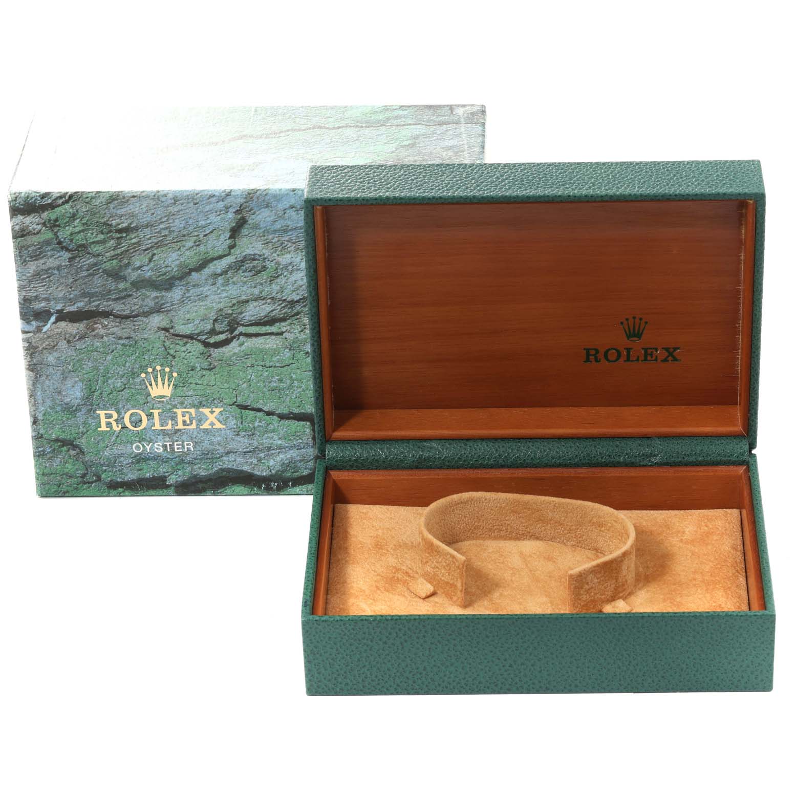 The image shows an empty Rolex Datejust 16200 Men's Stainless Steel Blue Dial 16200 Men's Stainless Steel Blue Dial watch box with green exterior and wooden interior.