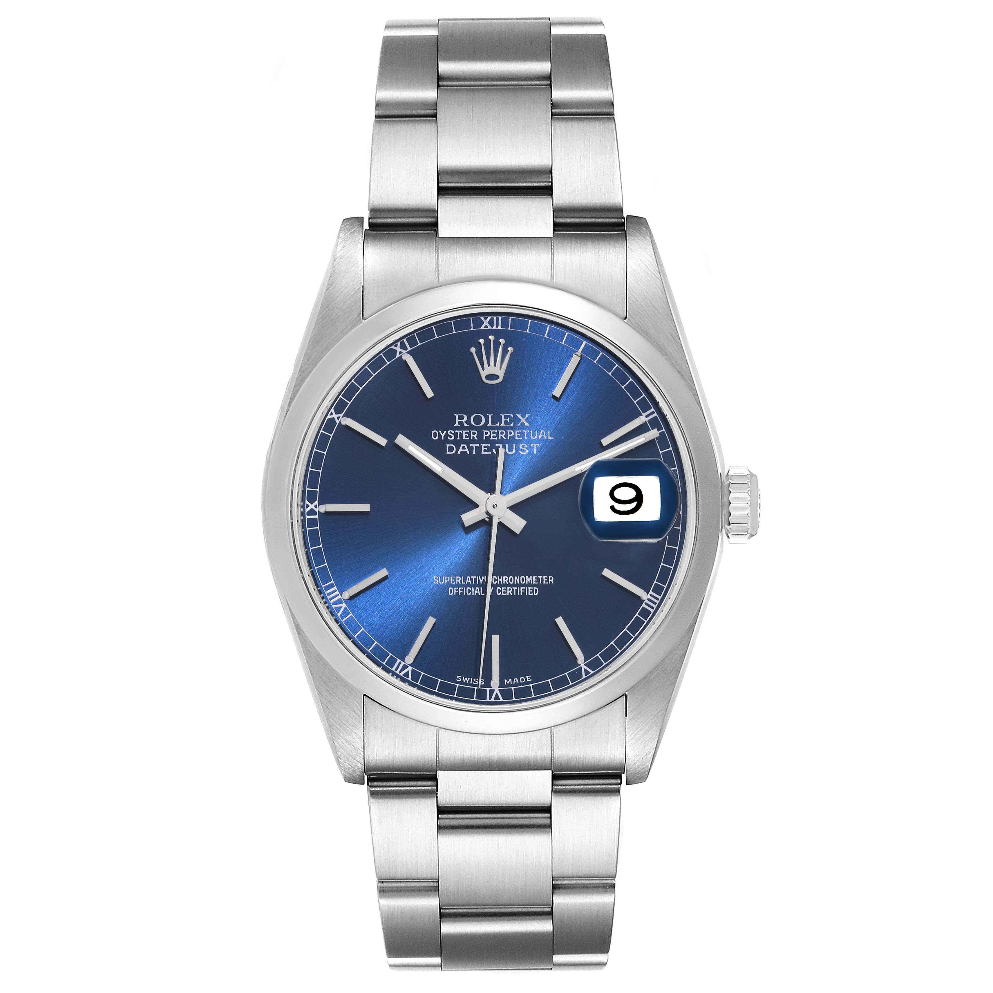 The image shows a head-on view of a Rolex Datejust 16200 Men's Stainless Steel Blue Dial 16200 Men's Stainless Steel Blue Dial watch showcasing its blue dial, date window, and stainless steel bracelet.