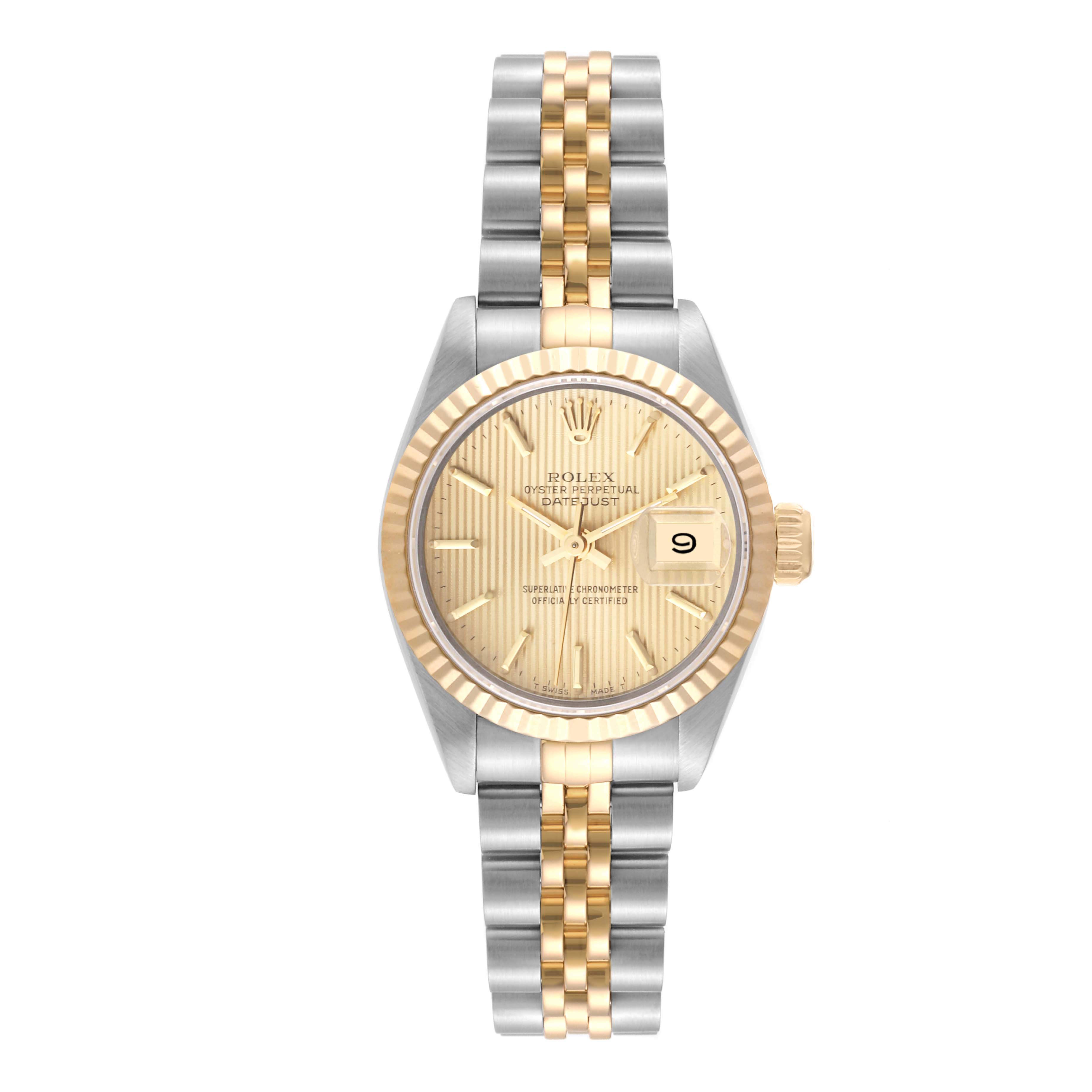The image shows a front view of a Rolex Datejust 69173 Women's Steel and Gold (two tone) Champagne Dial 69173 Women's Steel and Gold (two tone) Champagne Dial watch, featuring its dial, bracelet, bezel, and crown.
