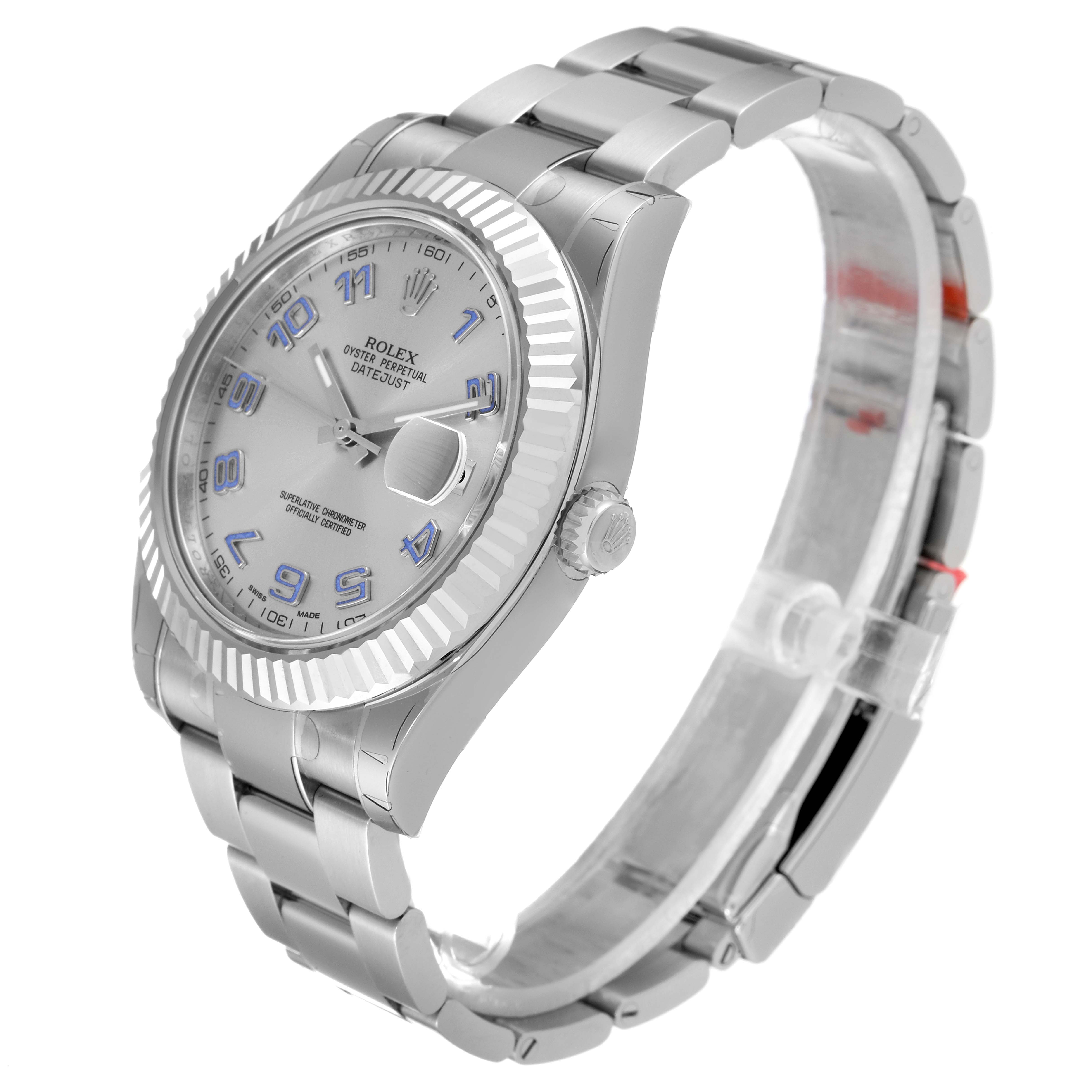 The Rolex Datejust 41 116334 Men's Stainless Steel Silver Dial 116334 Men's Stainless Steel Silver Dial watch is shown at an angle highlighting its face, bezel, bracelet, and crown.