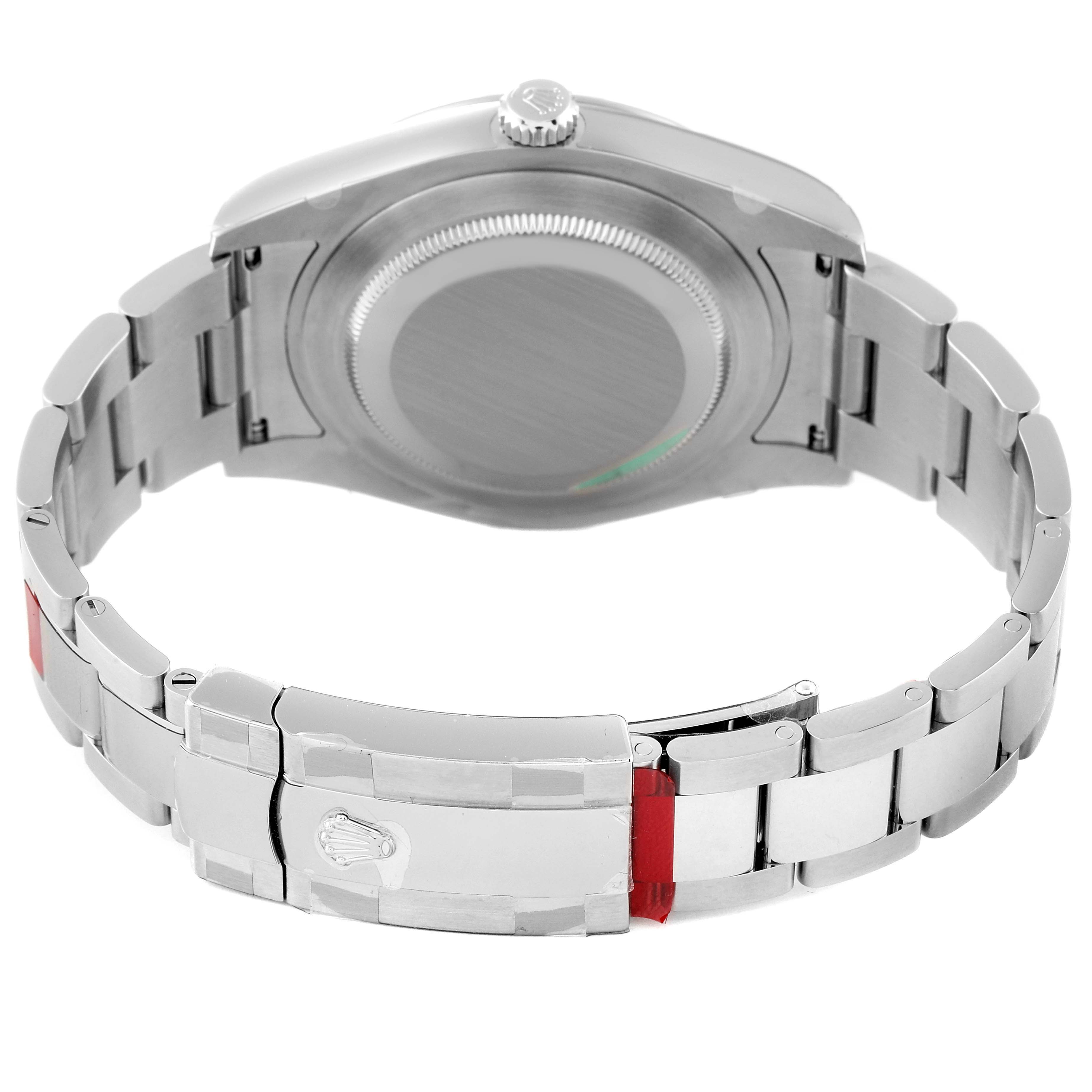 The image shows the back and clasp of a Rolex Datejust 41 116334 Men's Stainless Steel Silver Dial 116334 Men's Stainless Steel Silver Dial watch, highlighting its stainless steel link bracelet and case back.