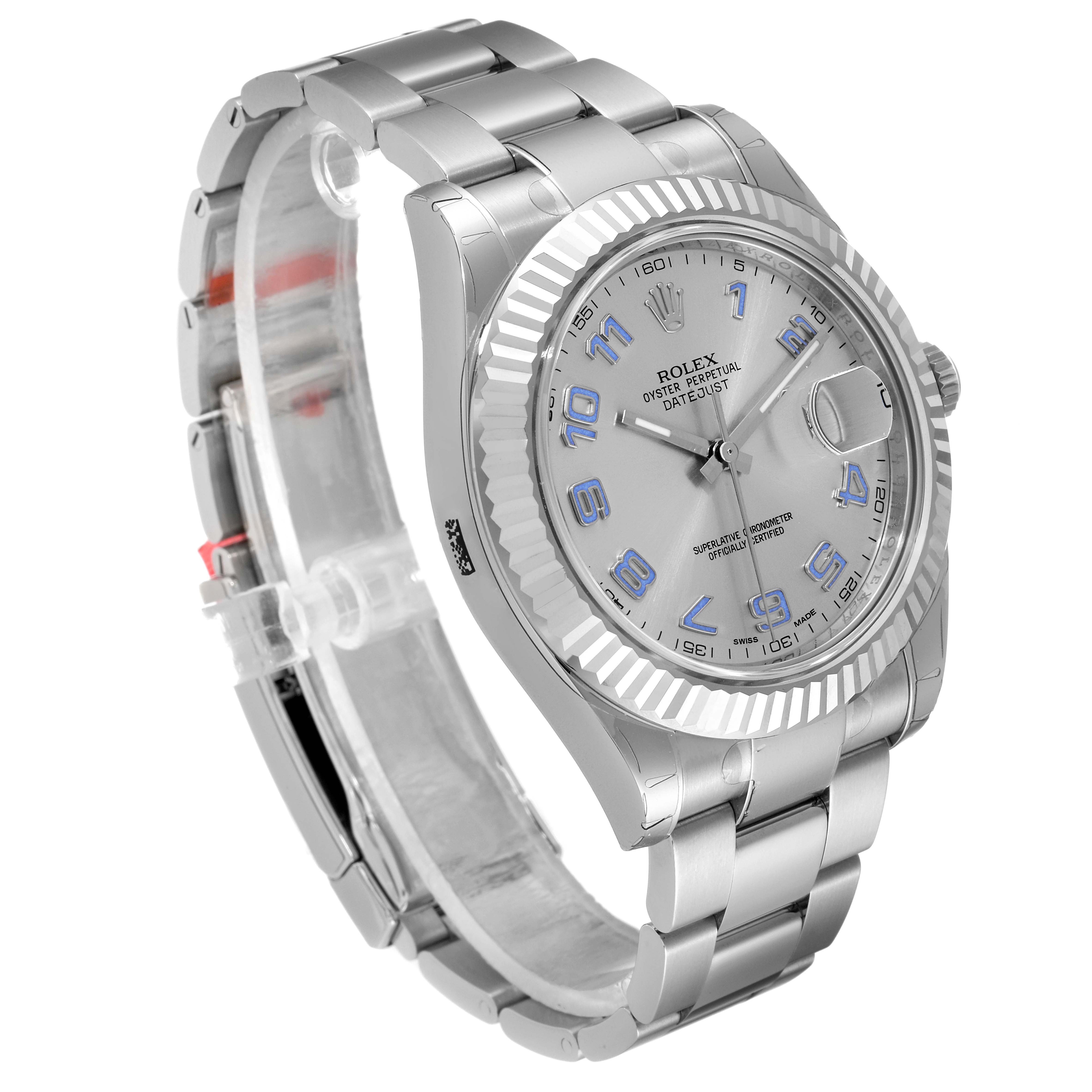 This image shows a Rolex Datejust 41 116334 Men's Stainless Steel Silver Dial 116334 Men's Stainless Steel Silver Dial watch, angled to display its face, bezel, and part of the bracelet.