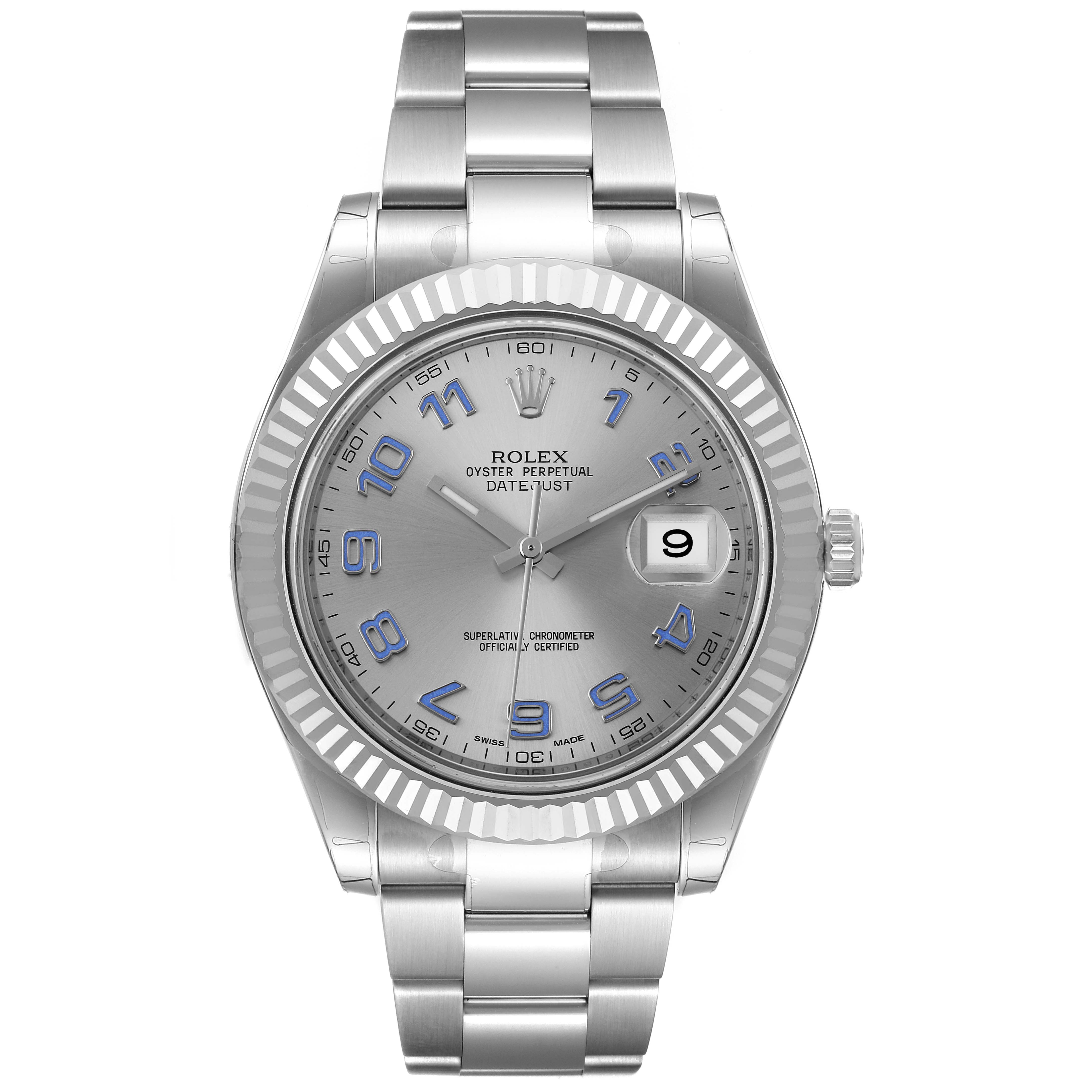The image shows a front view of the Rolex Datejust 41 116334 Men's Stainless Steel Silver Dial 116334 Men's Stainless Steel Silver Dial watch featuring a silver dial, date window, and fluted bezel.
