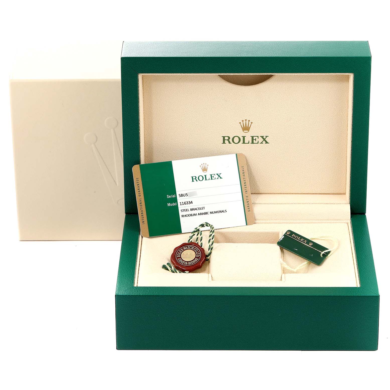 The image shows a Rolex Datejust 41 116334 Men's Stainless Steel Silver Dial 116334 Men's Stainless Steel Silver Dial box with a warranty card and two tags inside.