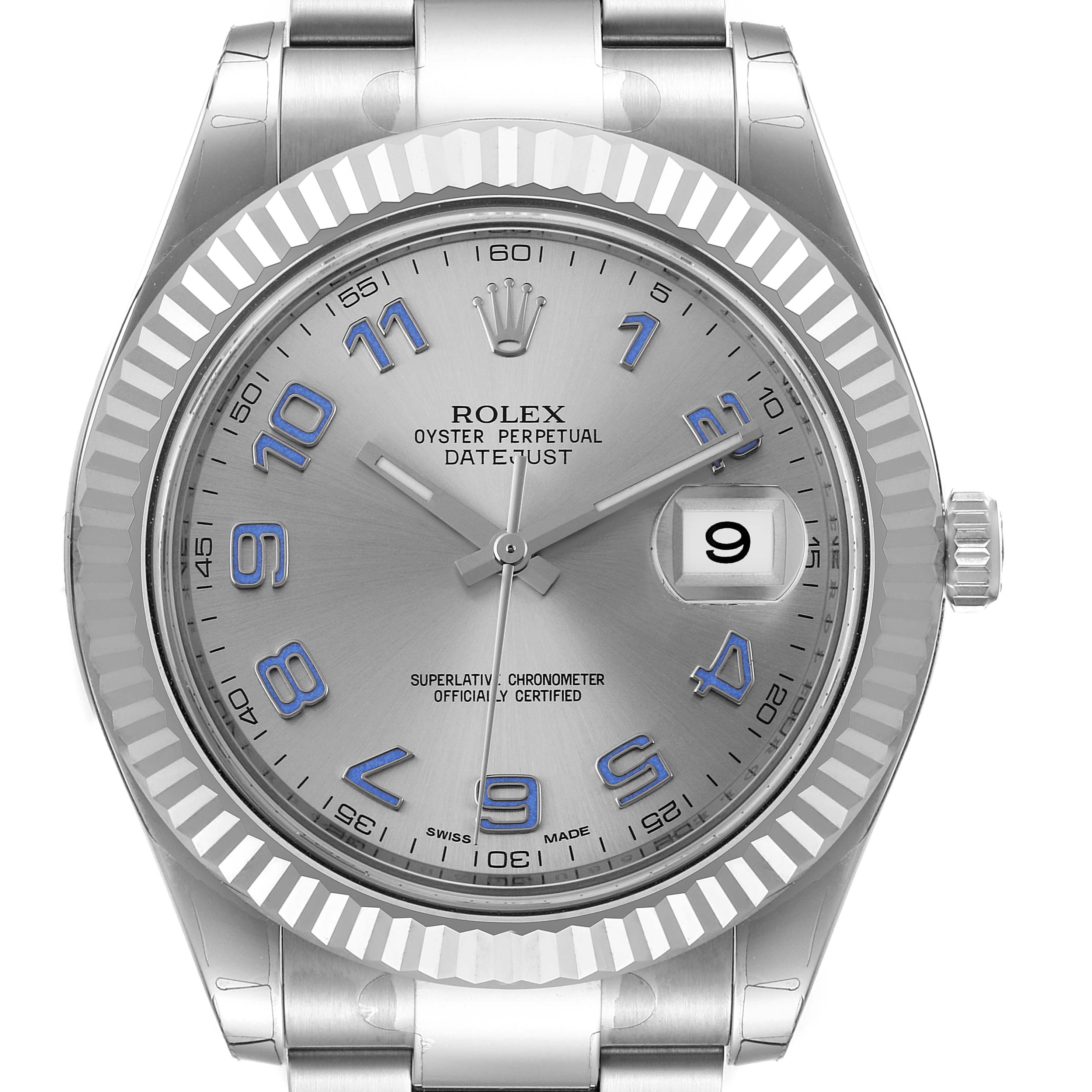 This image shows a front view of the Rolex Datejust 41 116334 Men's Stainless Steel Silver Dial 116334 Men's Stainless Steel Silver Dial watch, highlighting the dial, hands, bezel, and date window.