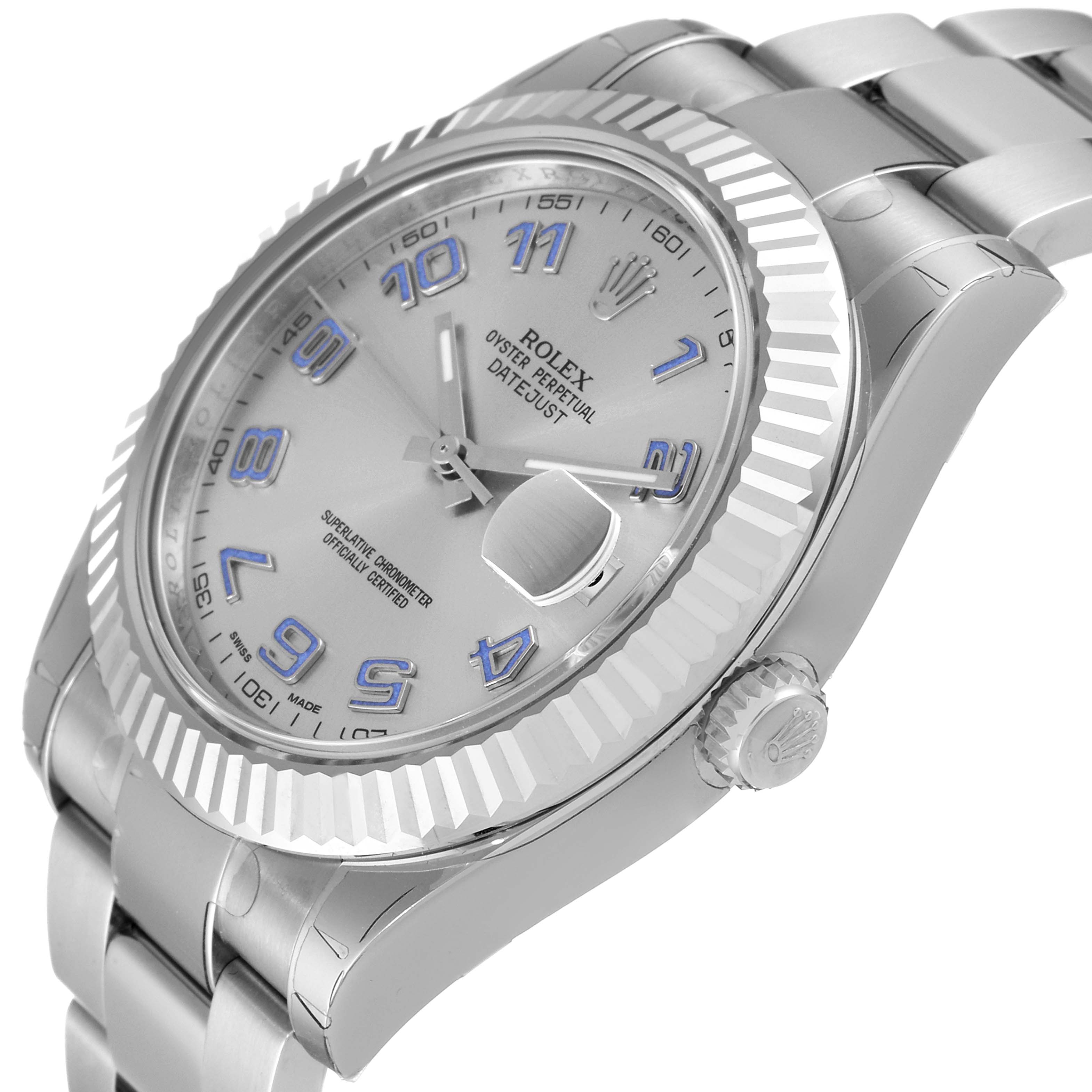 The image shows a Rolex Datejust 41 116334 Men's Stainless Steel Silver Dial 116334 Men's Stainless Steel Silver Dial watch at an angled side view, highlighting the bezel, crown, and part of the bracelet.