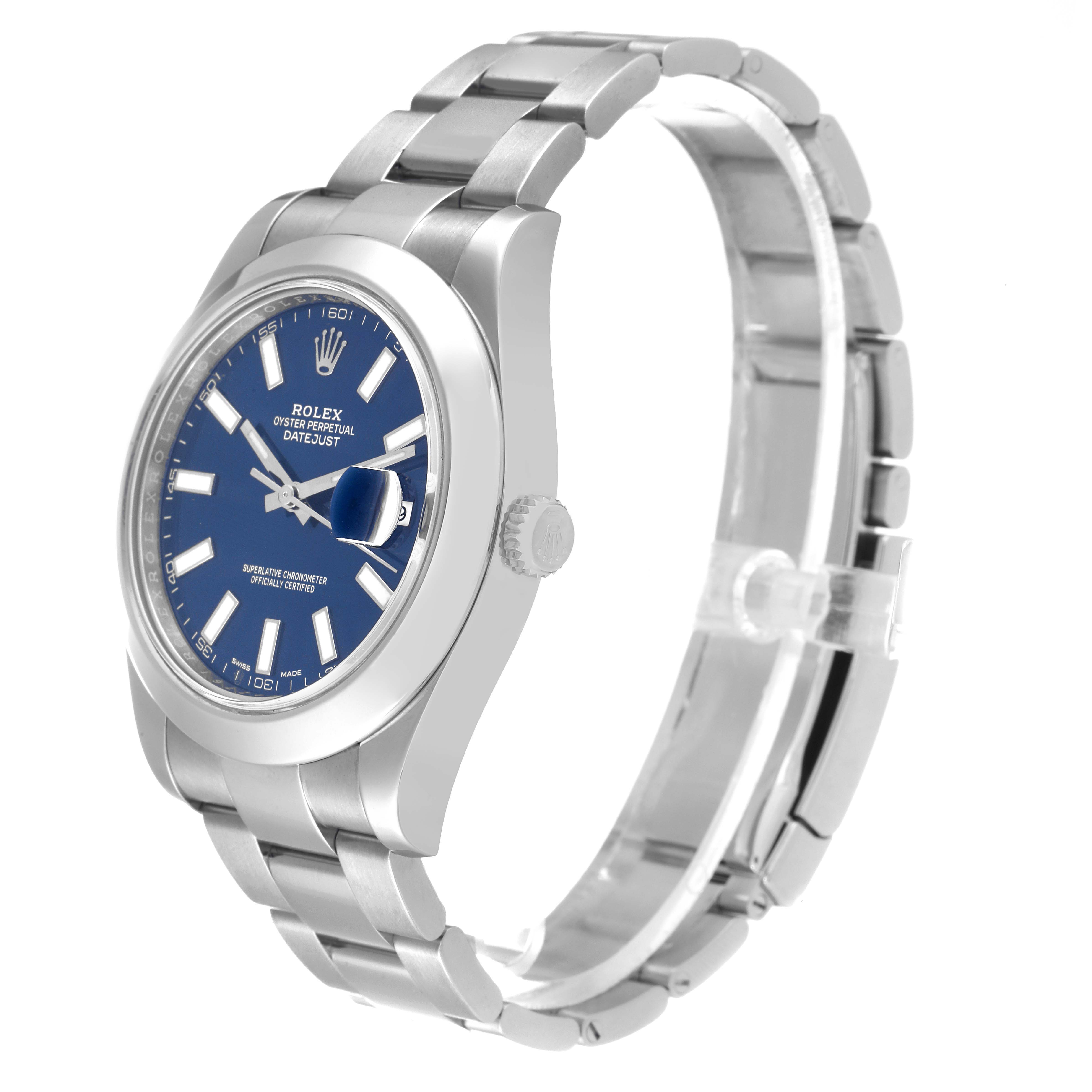 The image shows a Rolex Datejust 41 116300 Men's Stainless Steel Blue Dial 116300 Men's Stainless Steel Blue Dial watch angled from the front-left, displaying its blue dial, bezel, and part of the bracelet.
