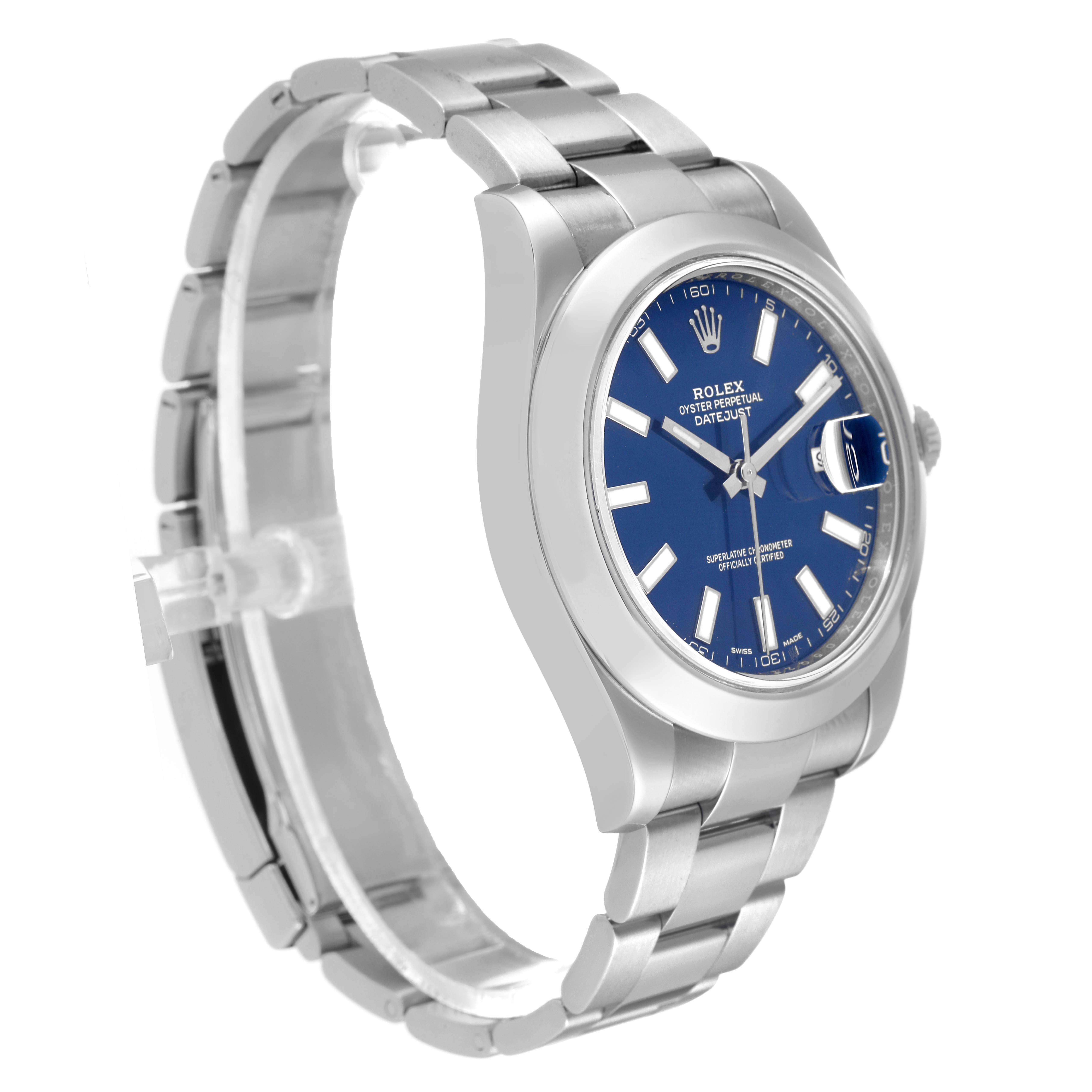 This image shows a Rolex Datejust 41 116300 Men's Stainless Steel Blue Dial 116300 Men's Stainless Steel Blue Dial watch from a 3/4 front angle, highlighting the blue dial and stainless steel bracelet.