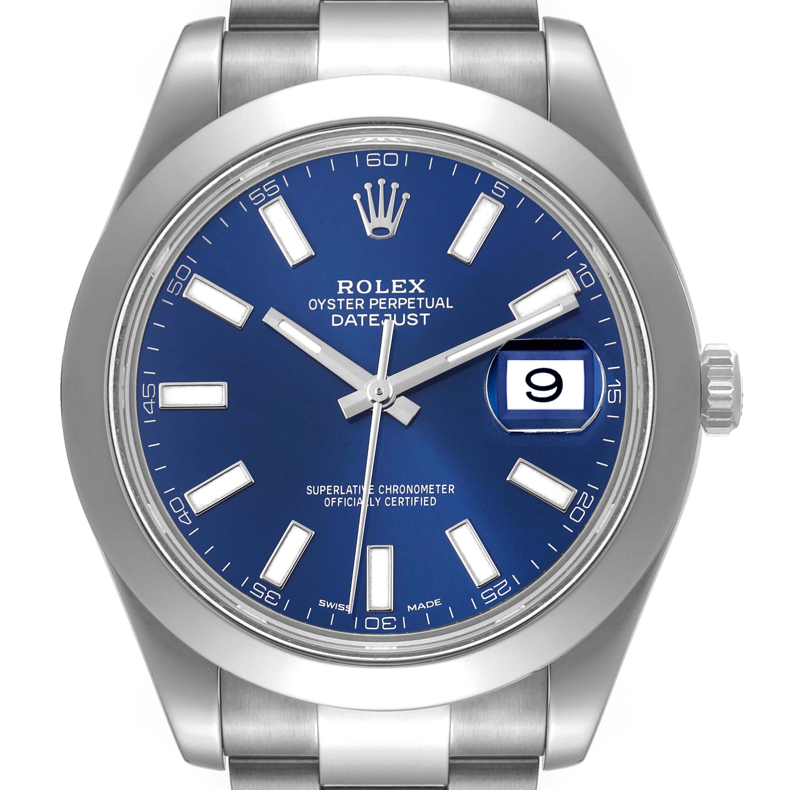 This is a head-on view of the Rolex Datejust 41 116300 Men's Stainless Steel Blue Dial 116300 Men's Stainless Steel Blue Dial watch, showing the blue dial, date window, and stainless steel bracelet.