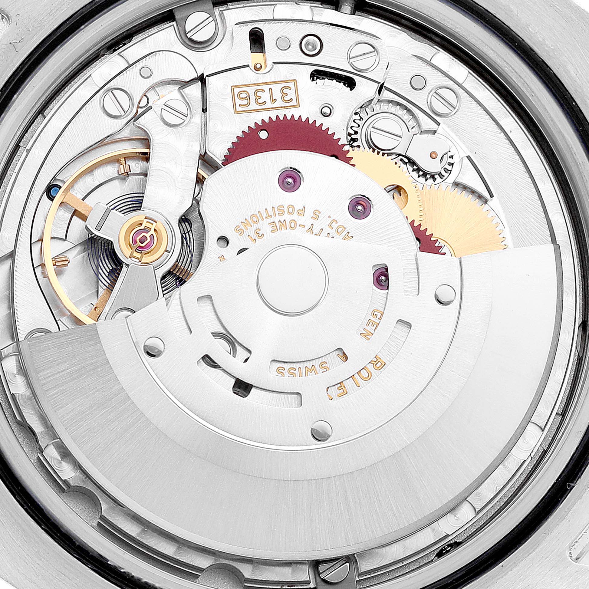 The image shows the intricate movement components of a Rolex Datejust 41 116300 Men's Stainless Steel Blue Dial 116300 Men's Stainless Steel Blue Dial model viewed from the back, including gears and the rotor.