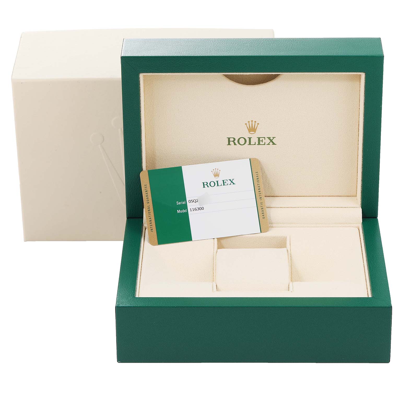 This image shows the box for a Rolex Datejust 41 116300 Men's Stainless Steel Blue Dial 116300 Men's Stainless Steel Blue Dial, including a certificate card inside the open box.