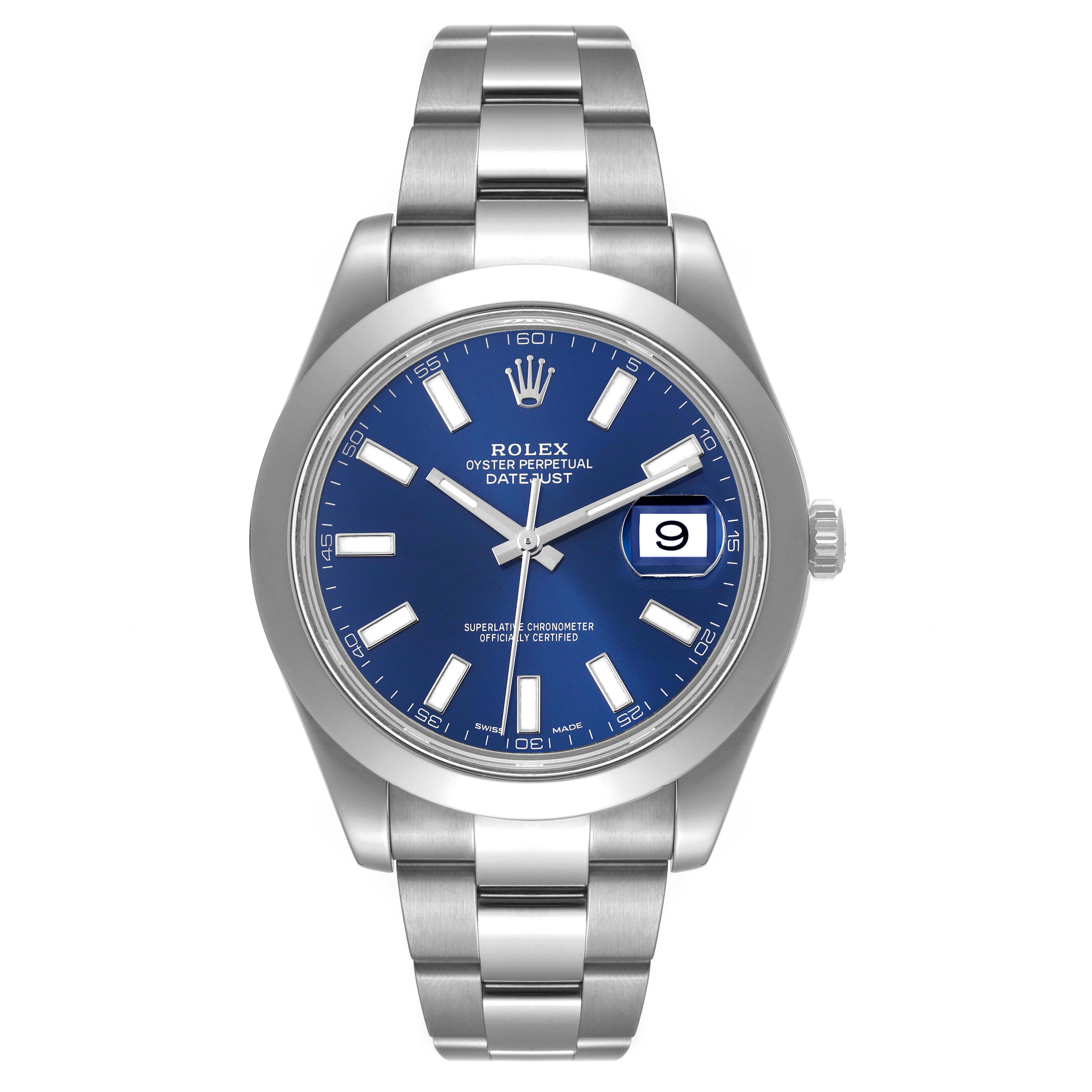 The image shows a front view of the Rolex Datejust 41 116300 Men's Stainless Steel Blue Dial 116300 Men's Stainless Steel Blue Dial model featuring a blue dial and date display.