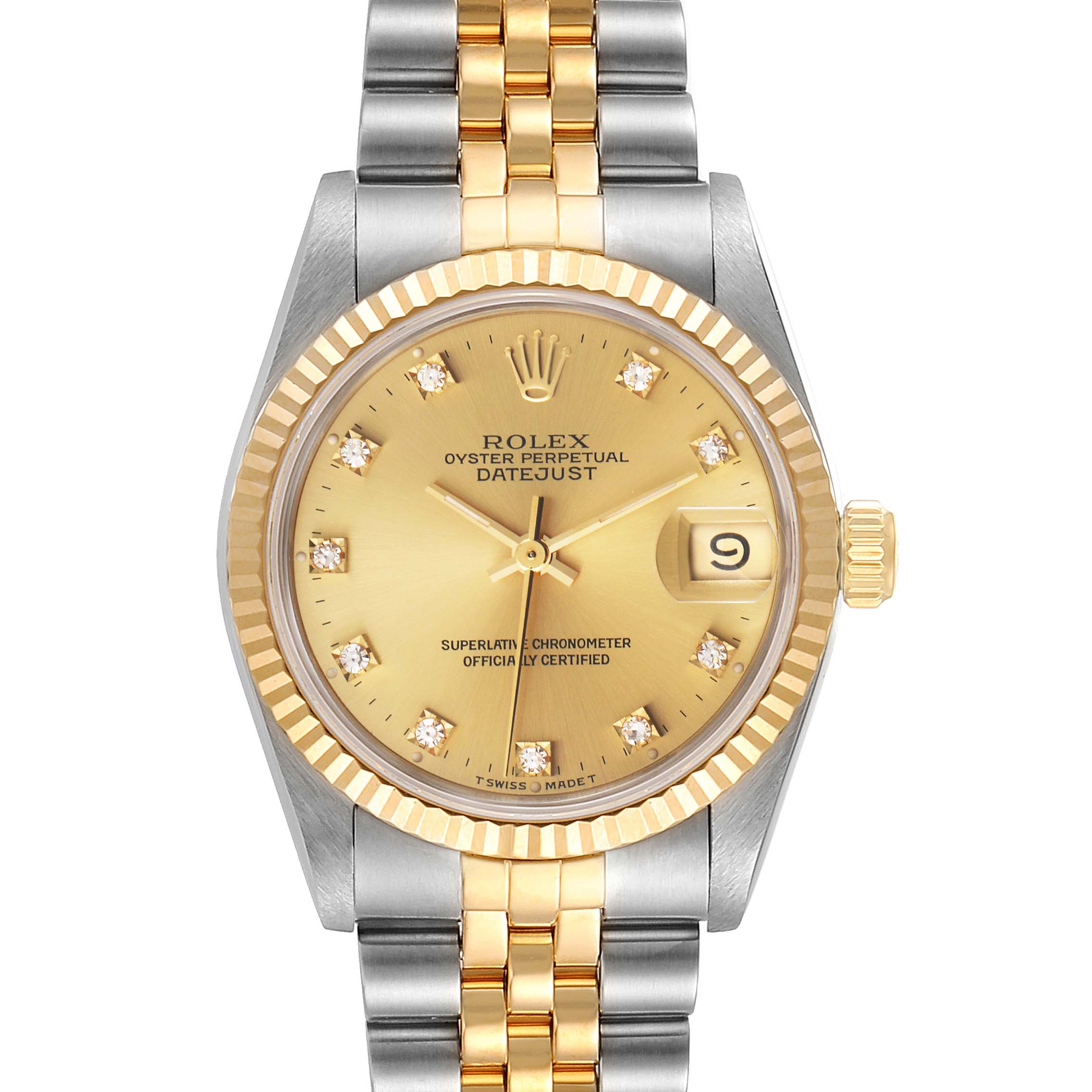 This image shows a front view of the Rolex Mid-Size 68273 Women's Steel and Gold (two tone) Champagne Dial 68273 Women's Steel and Gold (two tone) Champagne Dial Oyster Perpetual Datejust watch, highlighting the dial, bezel, and bracelet.