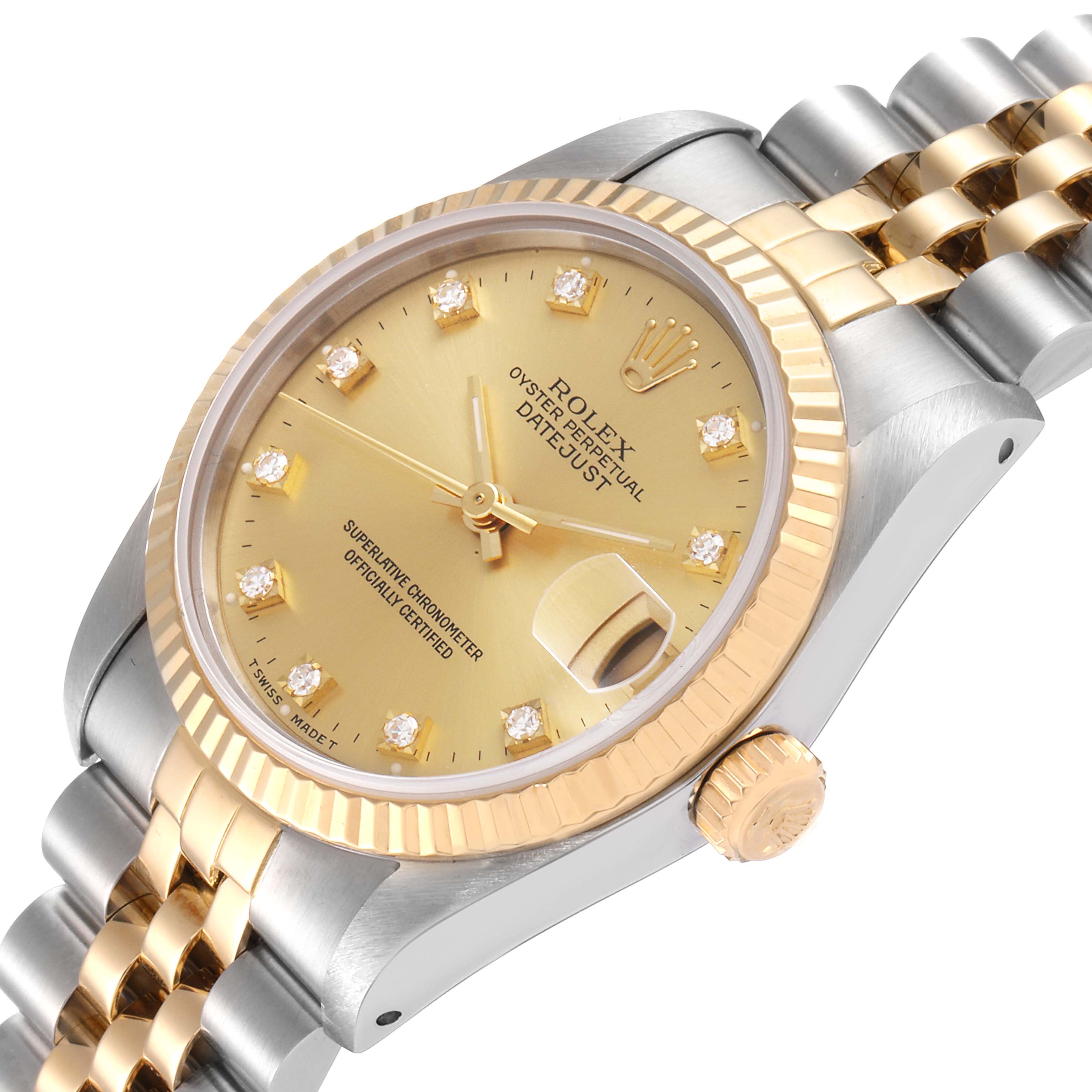 This image shows a close-up view of the dial, case, and bracelet of a Rolex Mid-Size 68273 Women's Steel and Gold (two tone) Champagne Dial 68273 Women's Steel and Gold (two tone) Champagne Dial Datejust watch.