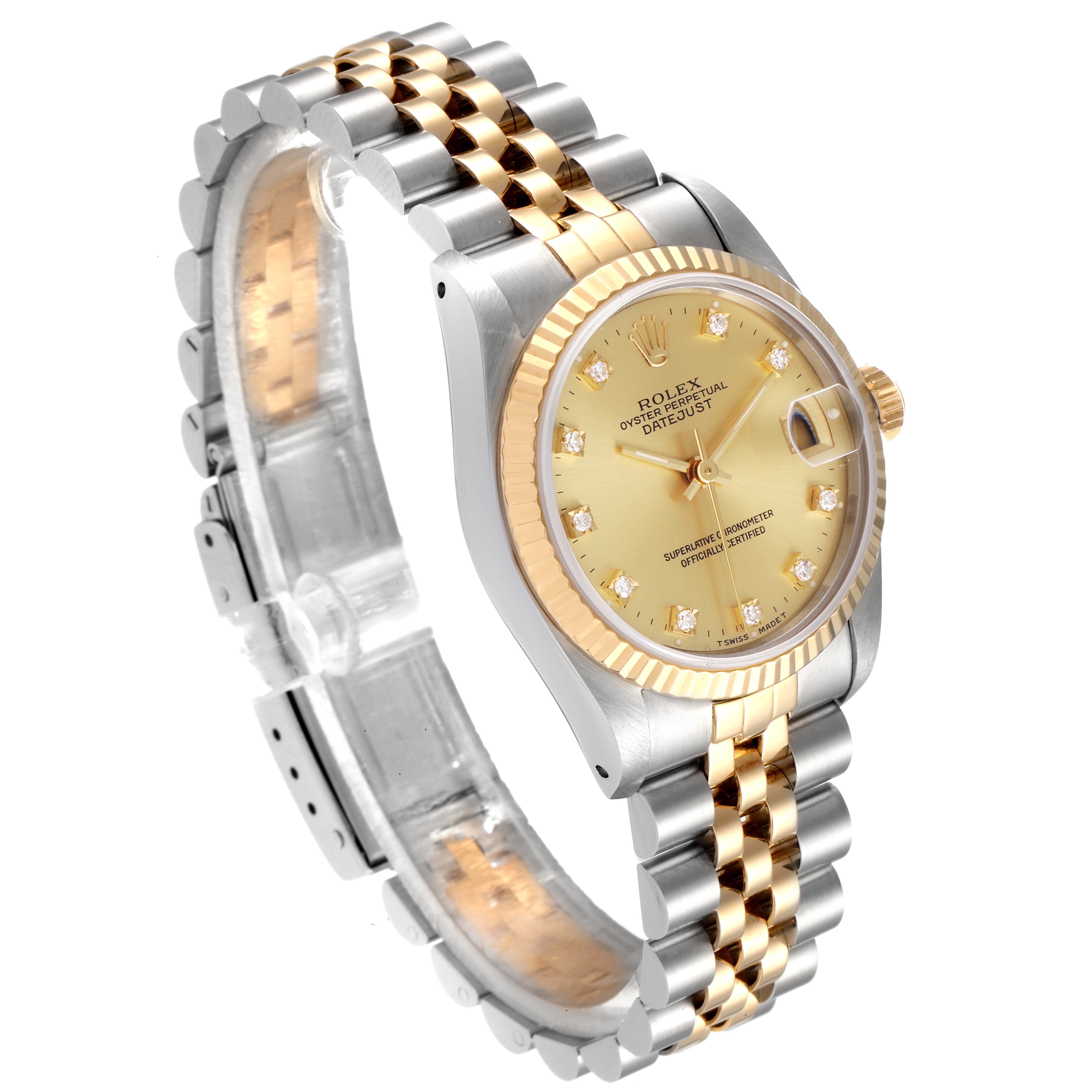 This image shows a gold Rolex Datejust Mid-Size watch at an oblique angle, highlighting the face, bracelet, and crown.