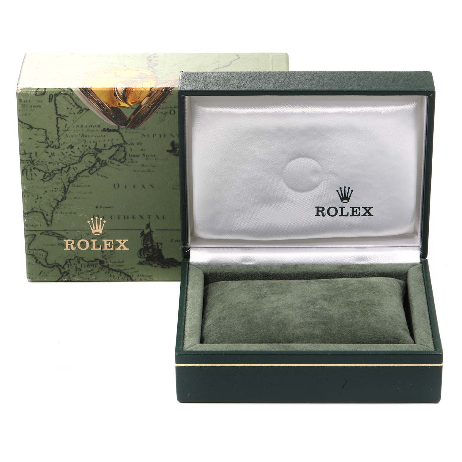 The image shows an open Rolex watch box with a cushion inside, displaying the "ROLEX" logo on the inside lid and green packaging.