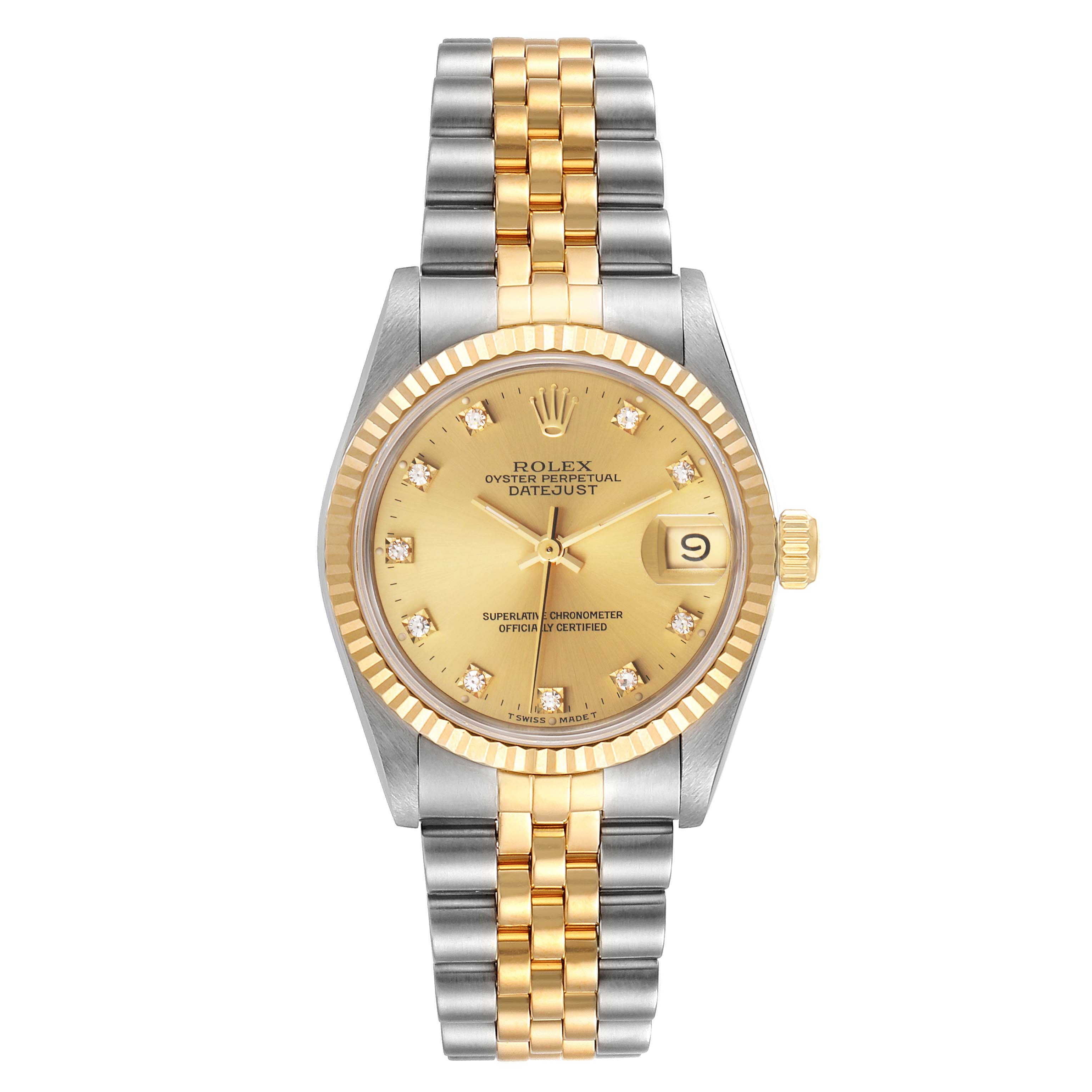 The Rolex Mid-Size 68273 Women's Steel and Gold (two tone) Champagne Dial 68273 Women's Steel and Gold (two tone) Champagne Dial Datejust watch is shown from a front angle, displaying its dial, two-tone bracelet, and date feature.
