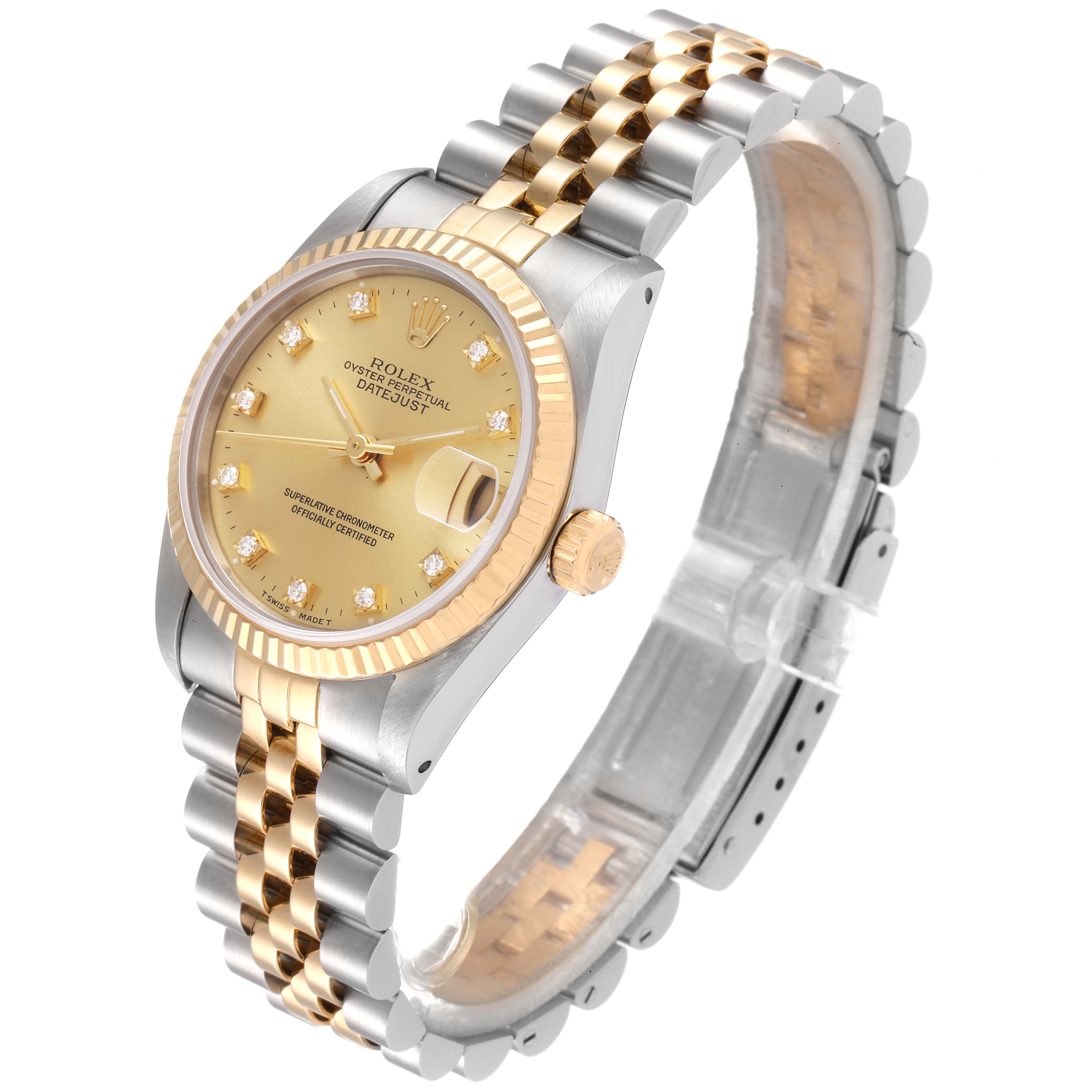 The Mid-Size Rolex watch is shown at a slight angle, highlighting its face, bezel, crown, and two-tone bracelet.
