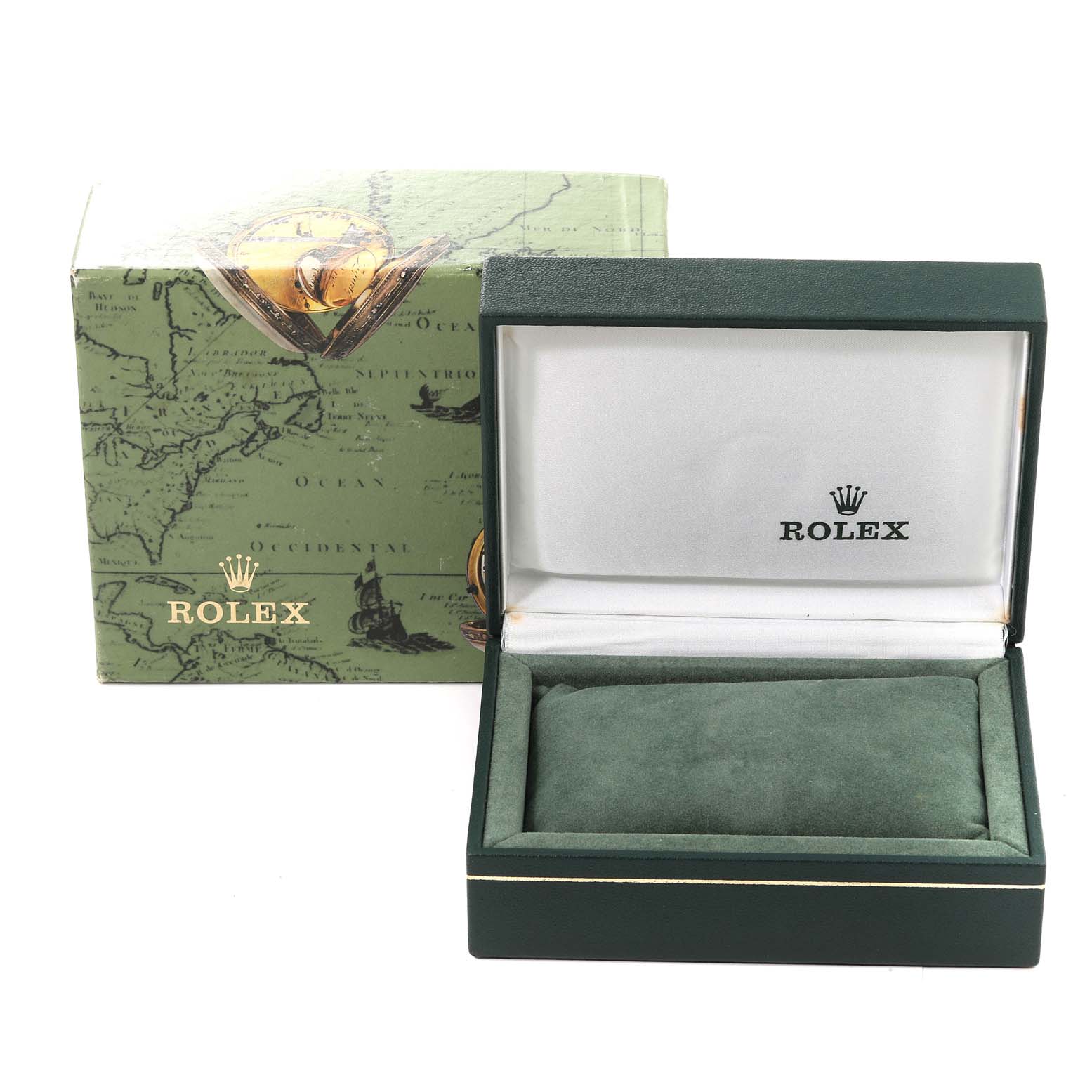 A Rolex Mid-Size 68273 Women
s Steel and Gold (two tone) Champagne Dial 68273 Women
s Steel and Gold (two tone) Champagne Dial model watch box and outer packaging are shown in an angled view, featuring green and gold accents.