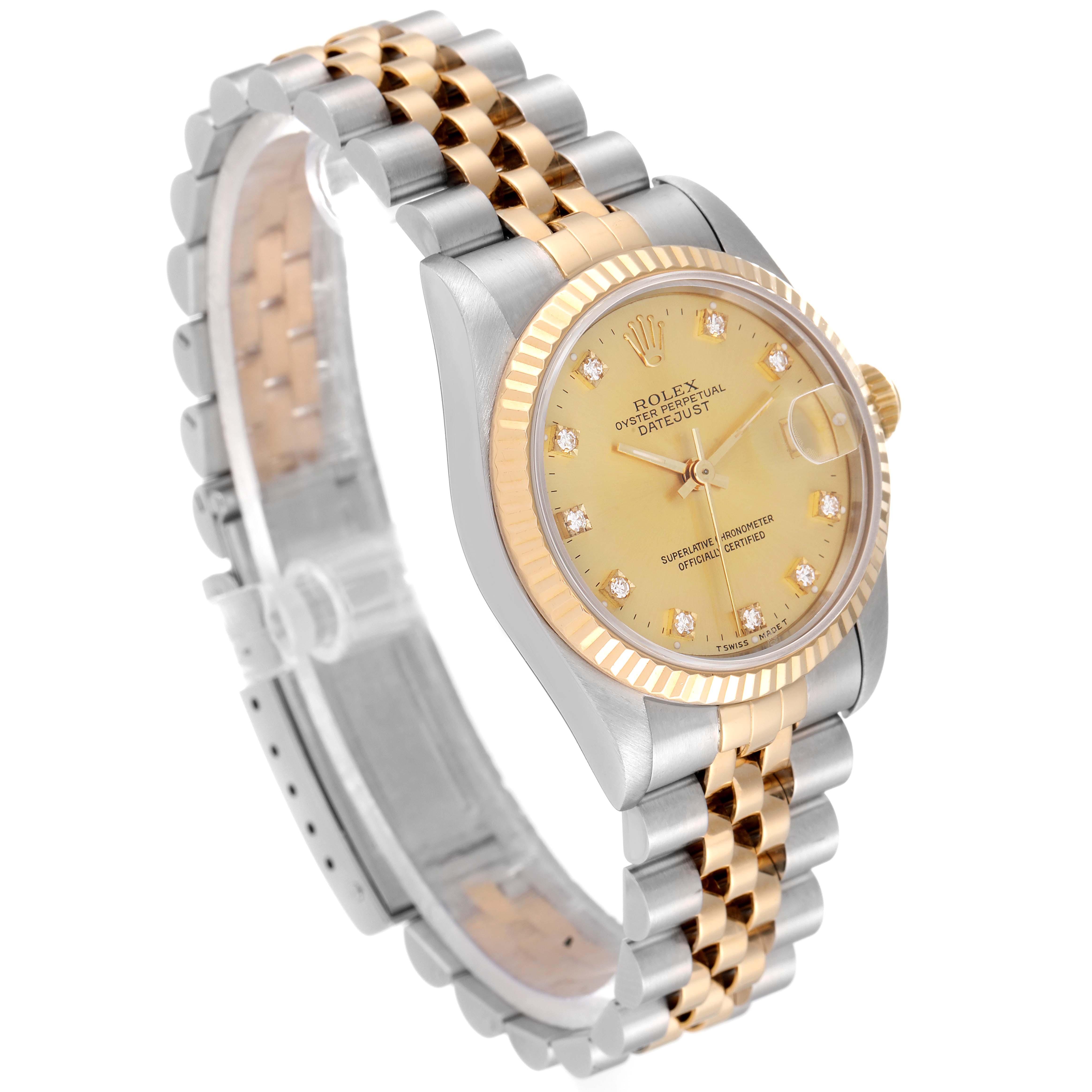 The Rolex Mid-Size 68273 Women
s Steel and Gold (two tone) Champagne Dial 68273 Women
s Steel and Gold (two tone) Champagne Dial watch is shown at a three-quarter angle, showcasing the face, bracelet, and bezel.